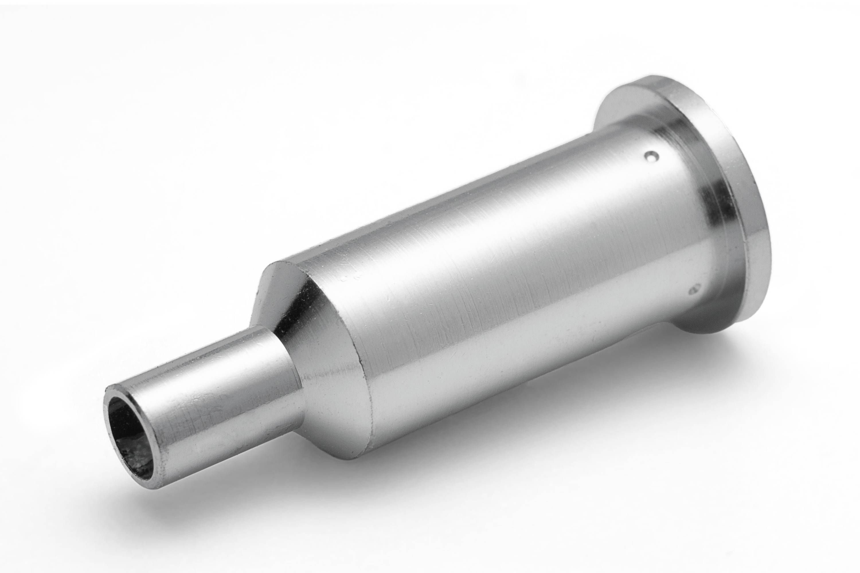 Metal cylindrical nozzle or pipe fitting with a narrow spout and wider flanged end on a white background.