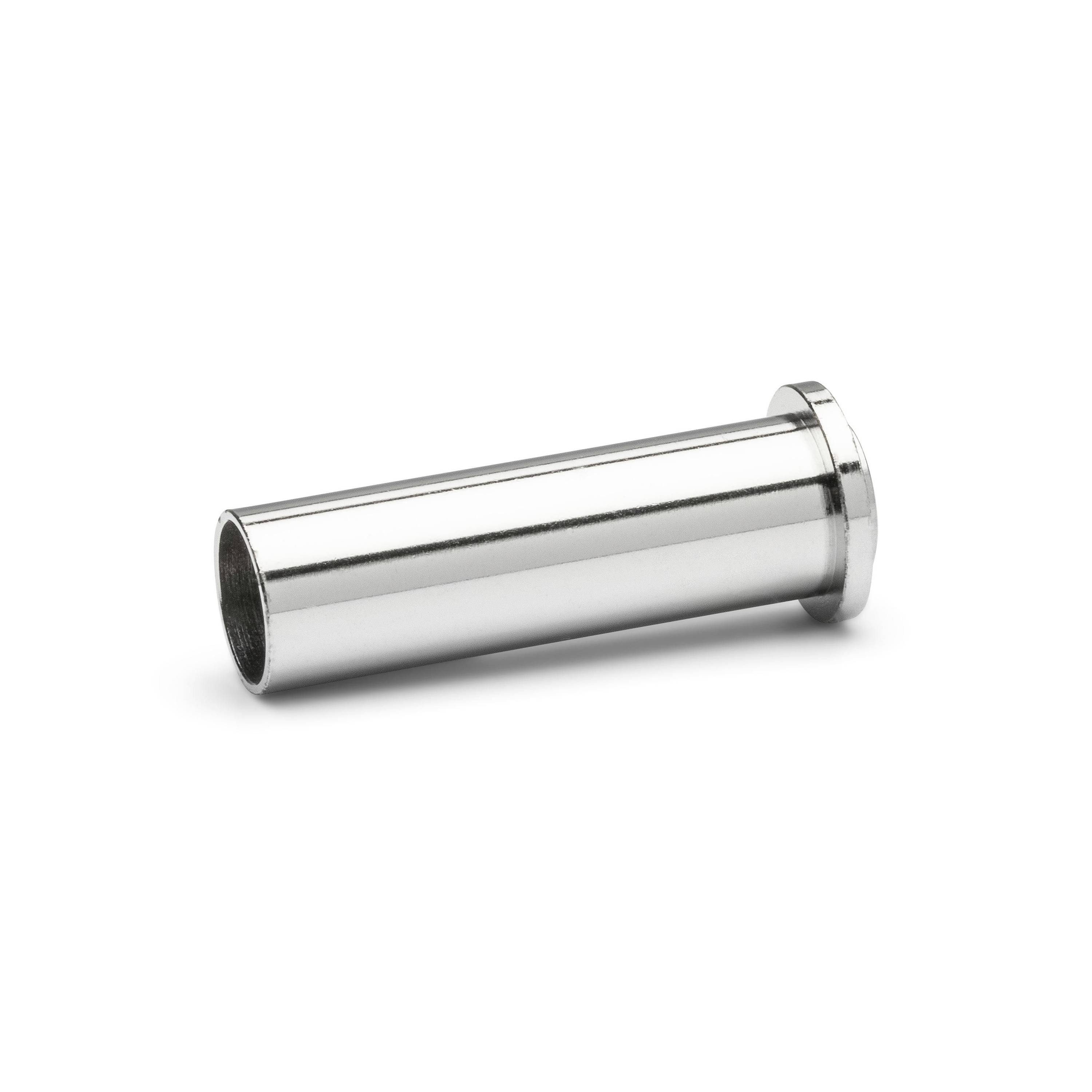 A shiny metal cylindrical pipe fitting with a flanged rim, shown on a white background.