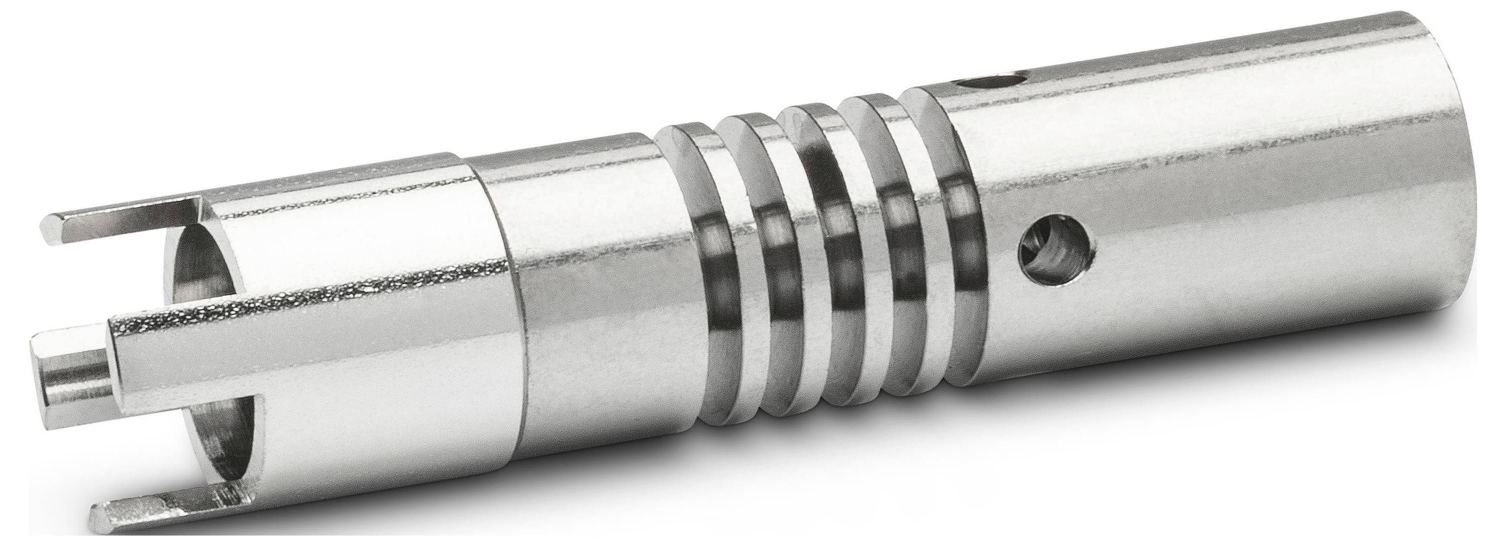 Metallic cylindrical mechanical component with multiple grooves and a small side hole, shown on a white background.