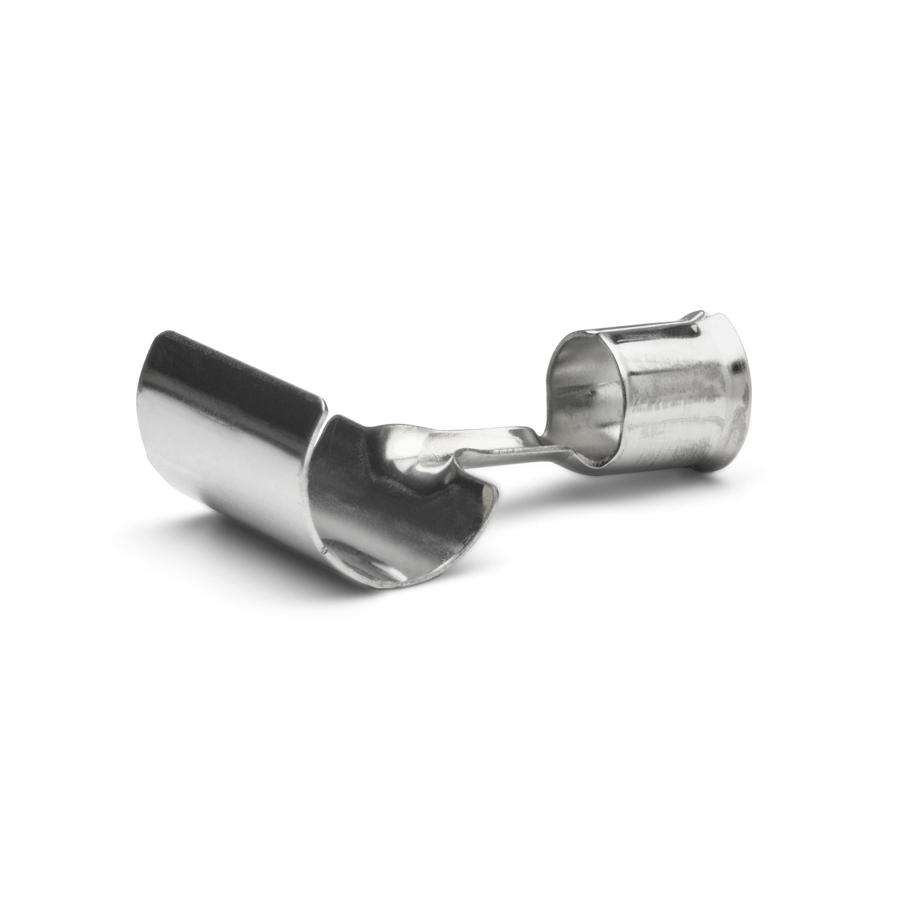 Metal pipe clamp or connector fitting shown on a white background, split into two curved chrome pieces.