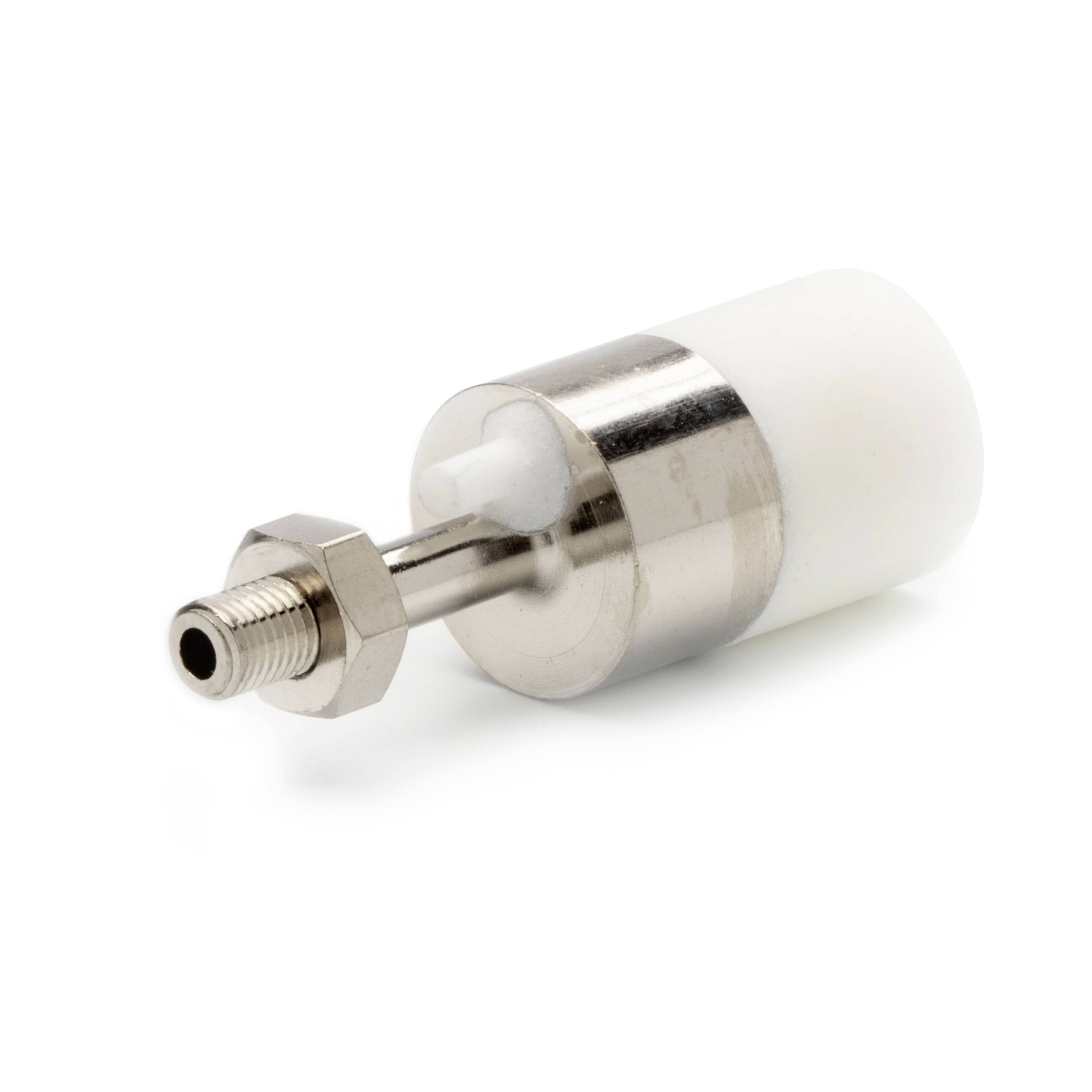 Close-up of a small metal-and-plastic fitting or connector with a threaded tip, isolated on a white background.