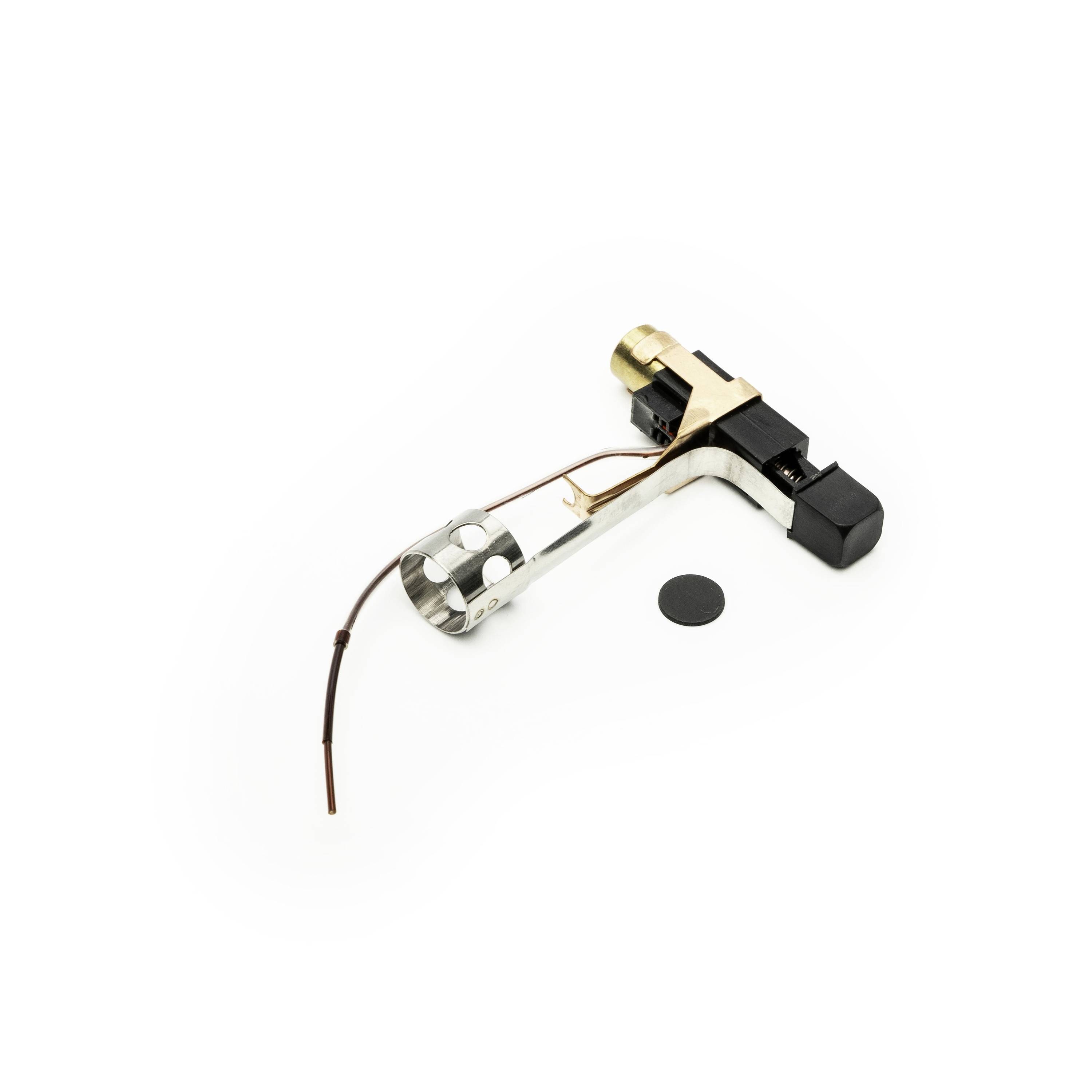 Close-up of a fuel pump module sensor with float arm and wiring on a white background.