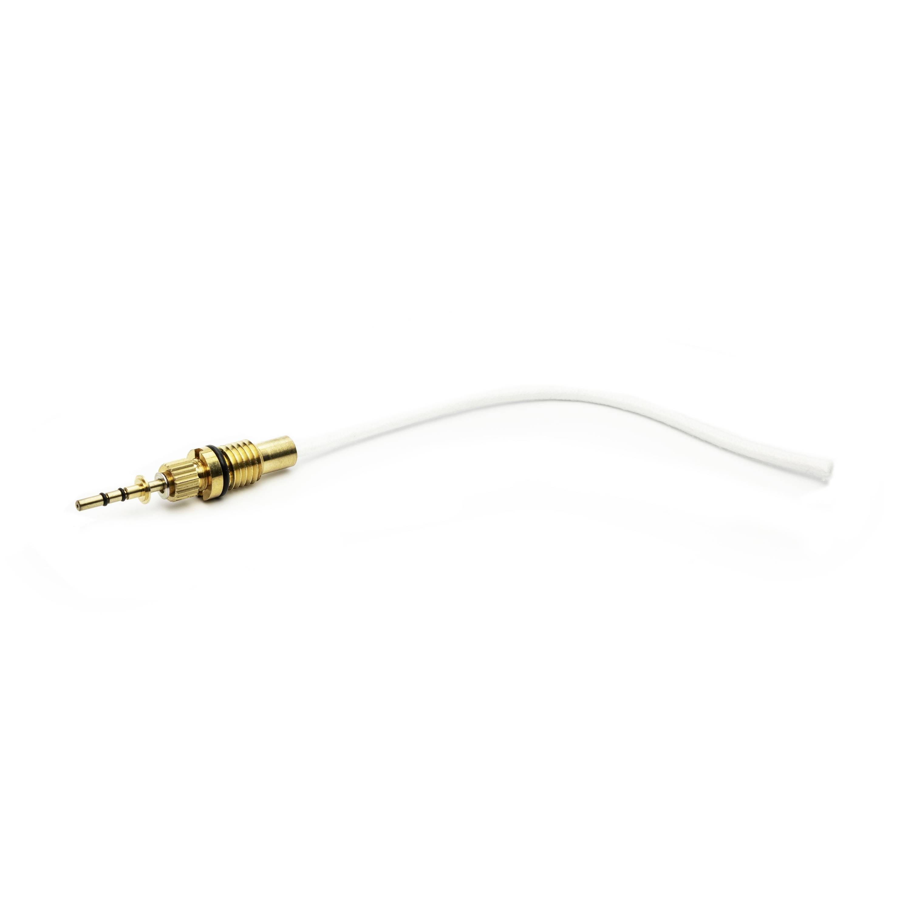 Close-up of a gold audio jack plug with a white cable on a plain white background.