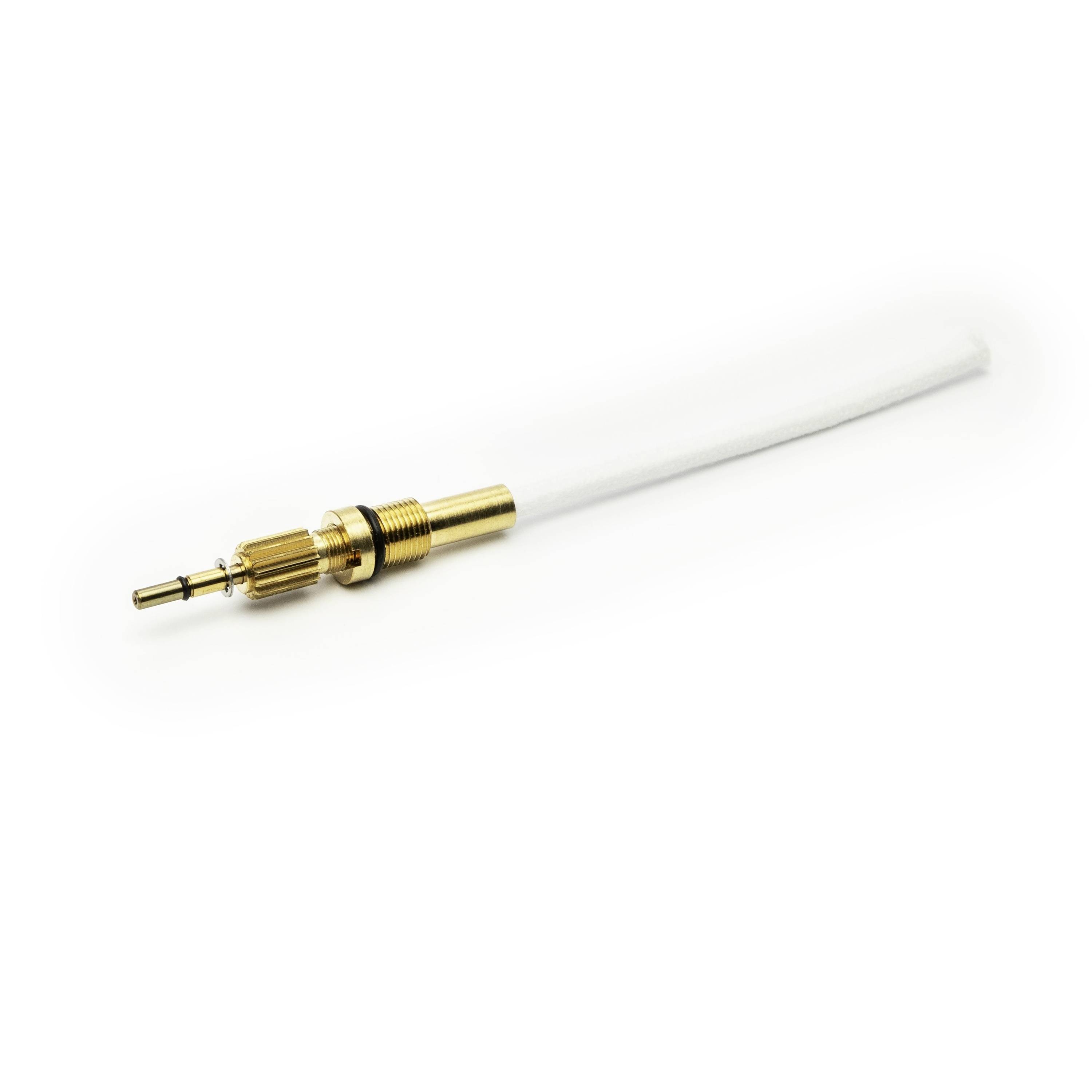 Gold audio cable connector with a white wire on a plain white background.