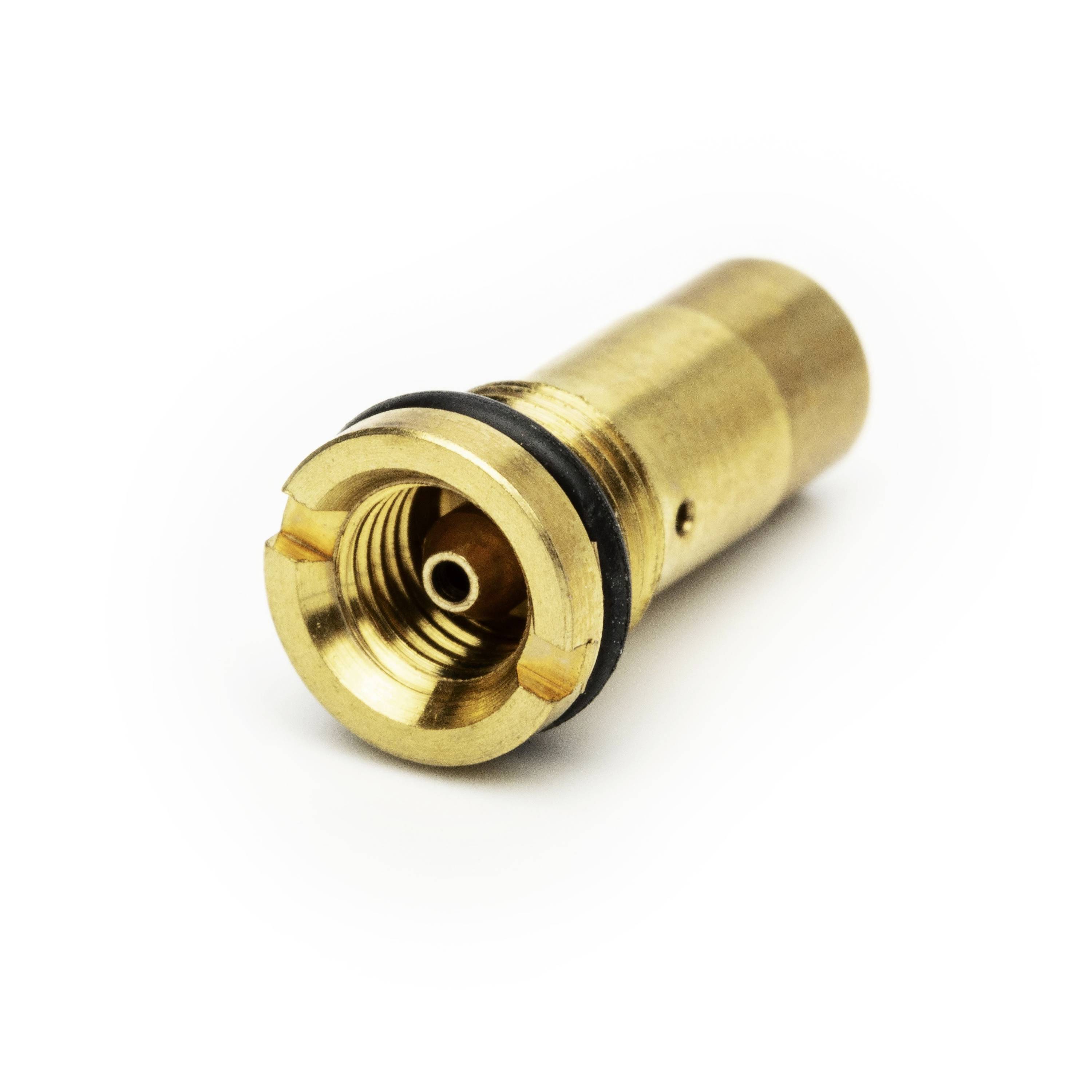 Brass valve or nozzle fitting with threaded opening and black O-ring, shown on a white background.