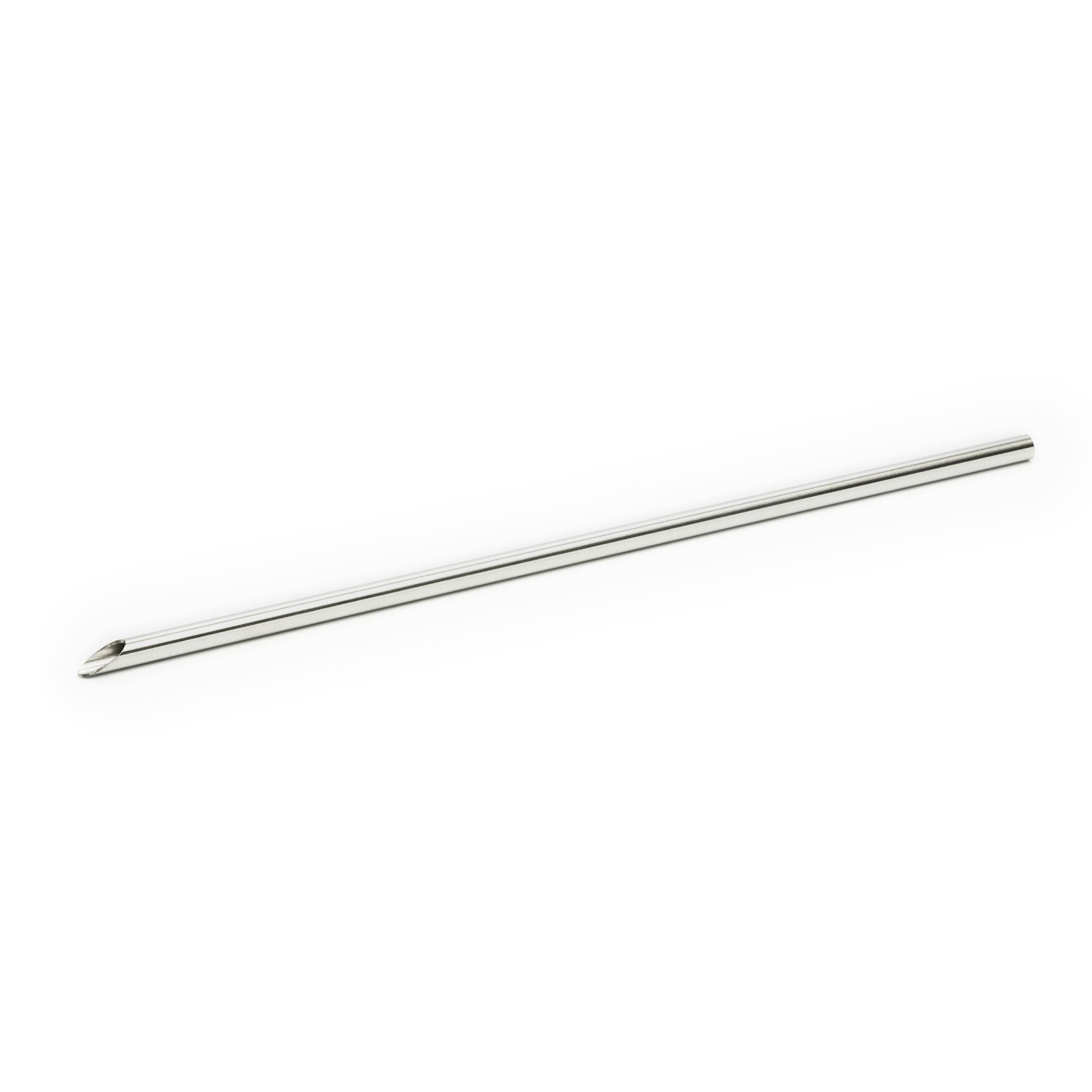 A silver metal nail lies diagonally on a white background.