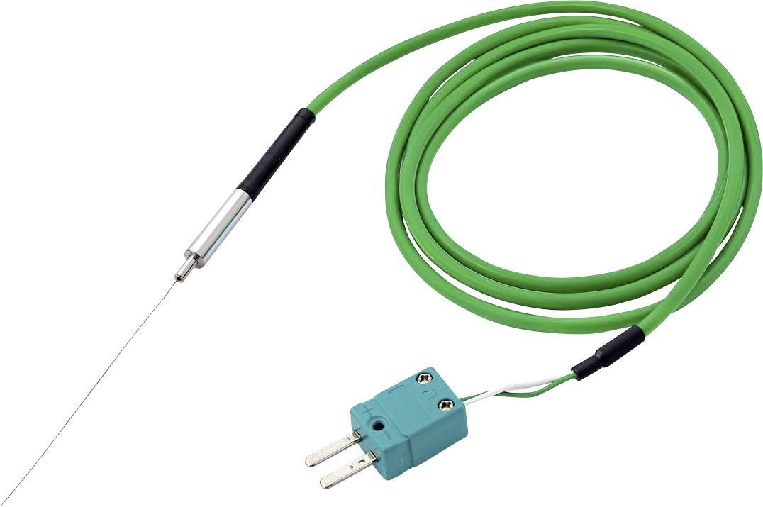 Sonde de thermocouple enroulée verte avec pointe de détection en métal fin et connecteur à deux broches sur fond blanc.
