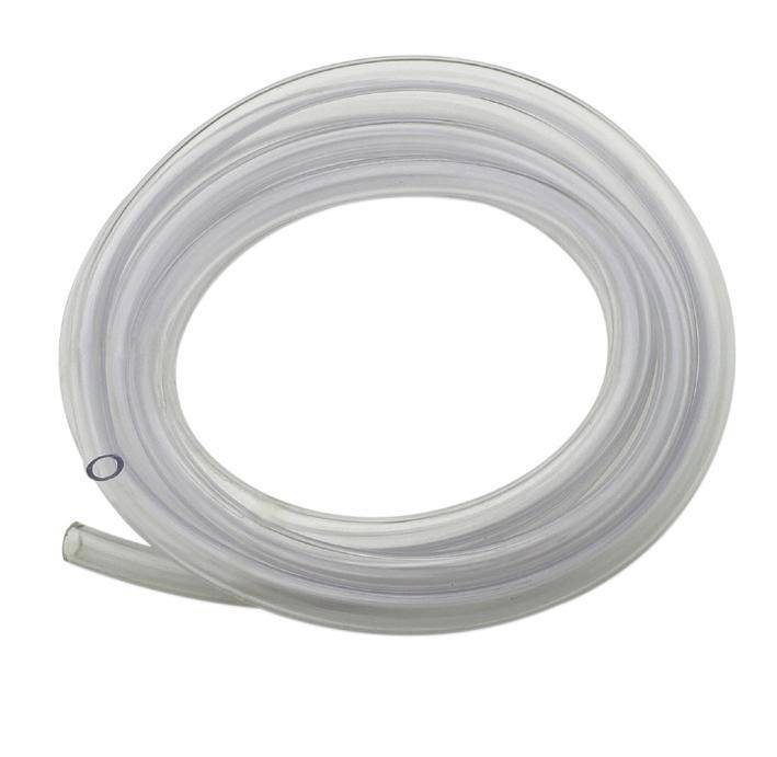 Coiled clear flexible tubing hose on a white background.