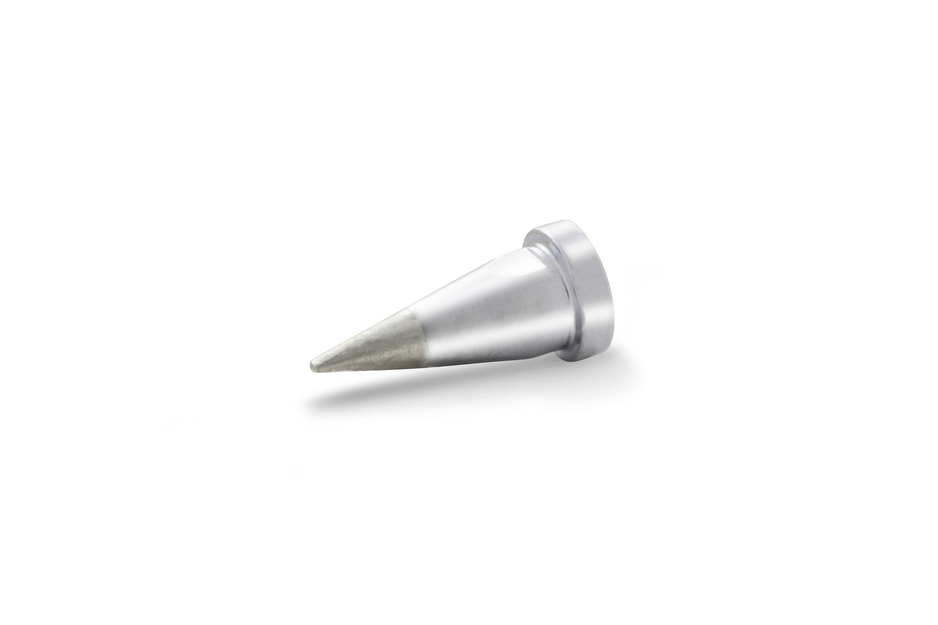 Metal piping tip for cake decorating, conical shape with a narrow opening on a white background.