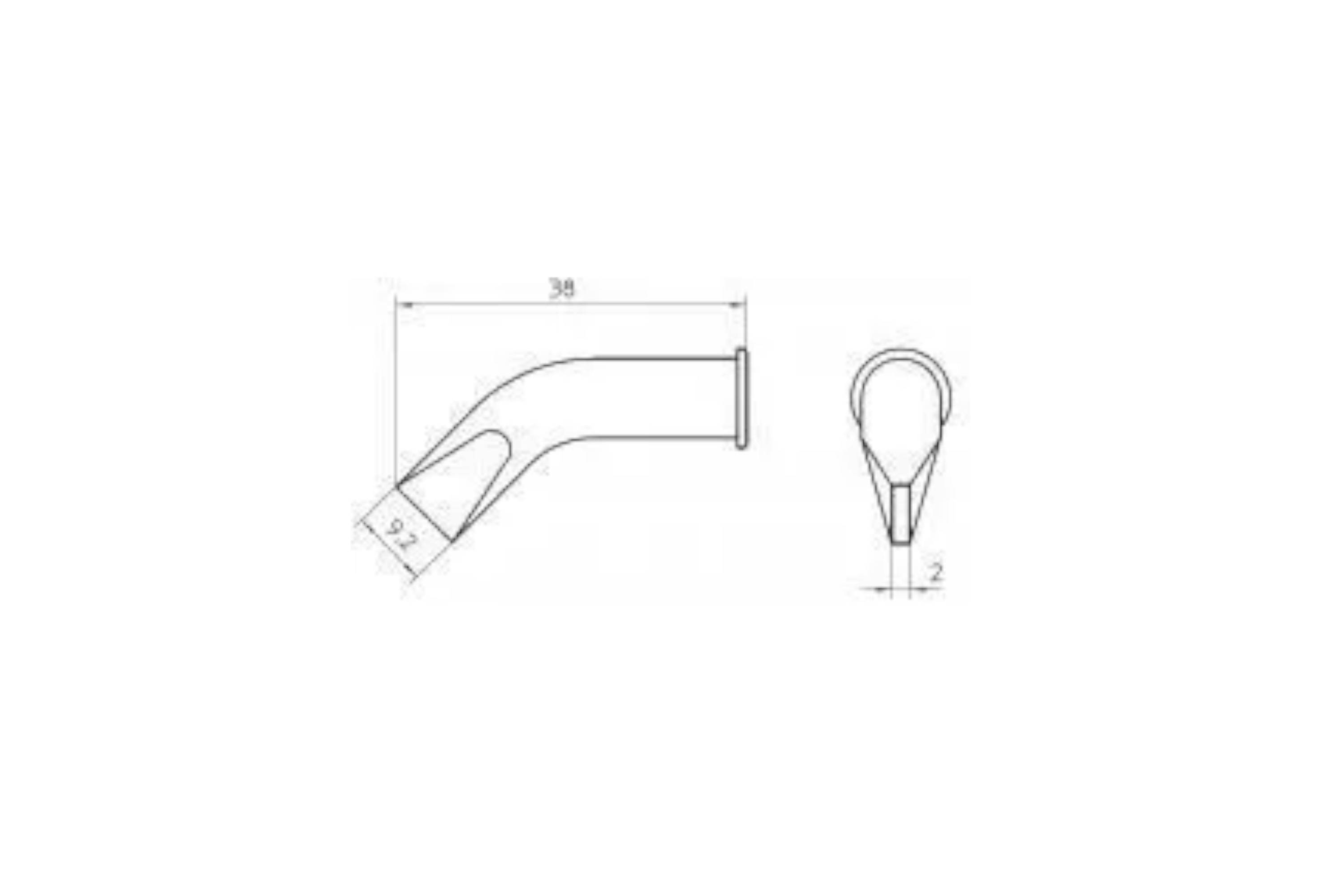 Technical drawing of a bent tube or pipe fitting with dimensions labeled 38, 9.7, and 2, shown in side and end views.