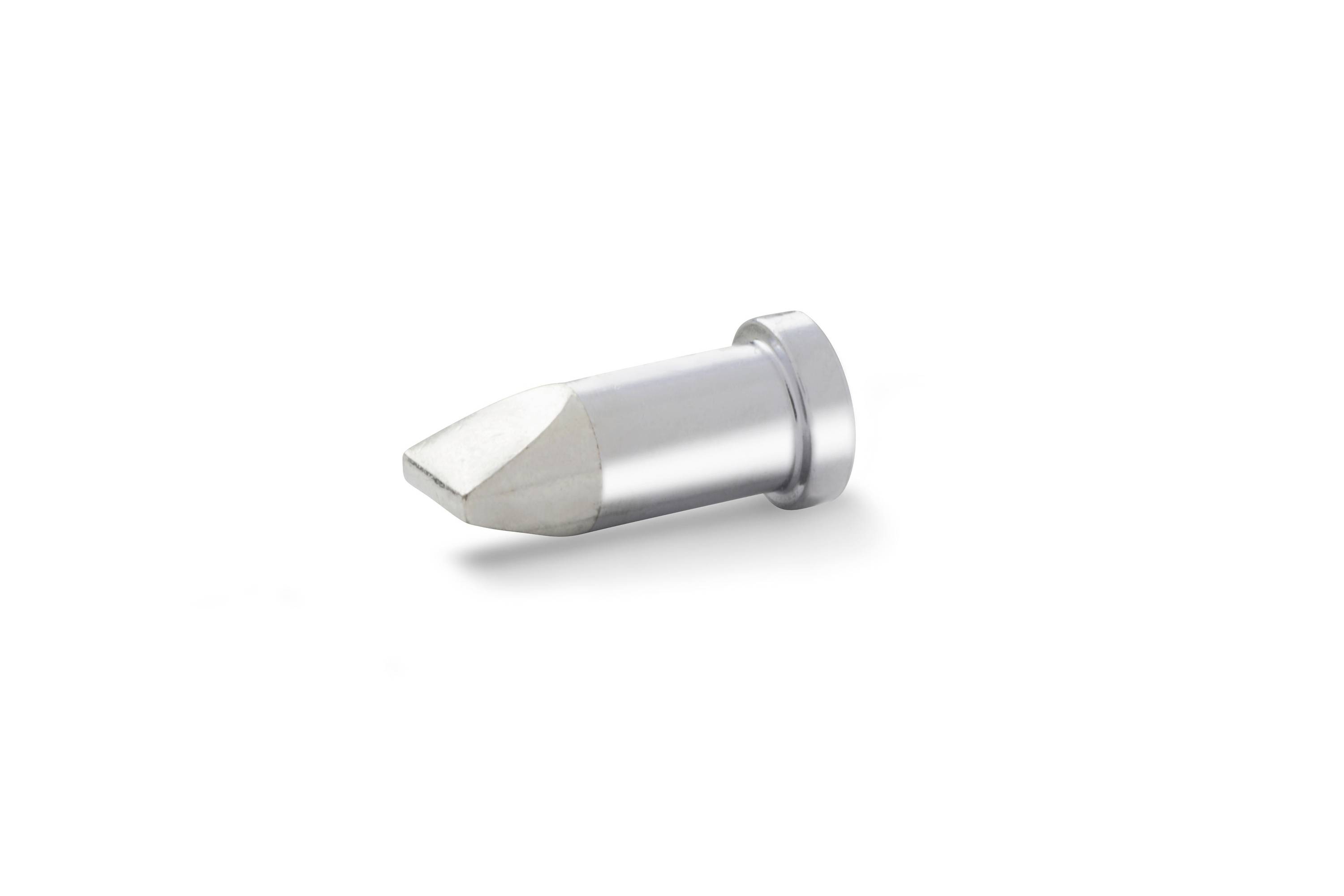 A metallic cylindrical drill bit or cutter with a pointed, beveled tip on a white background.