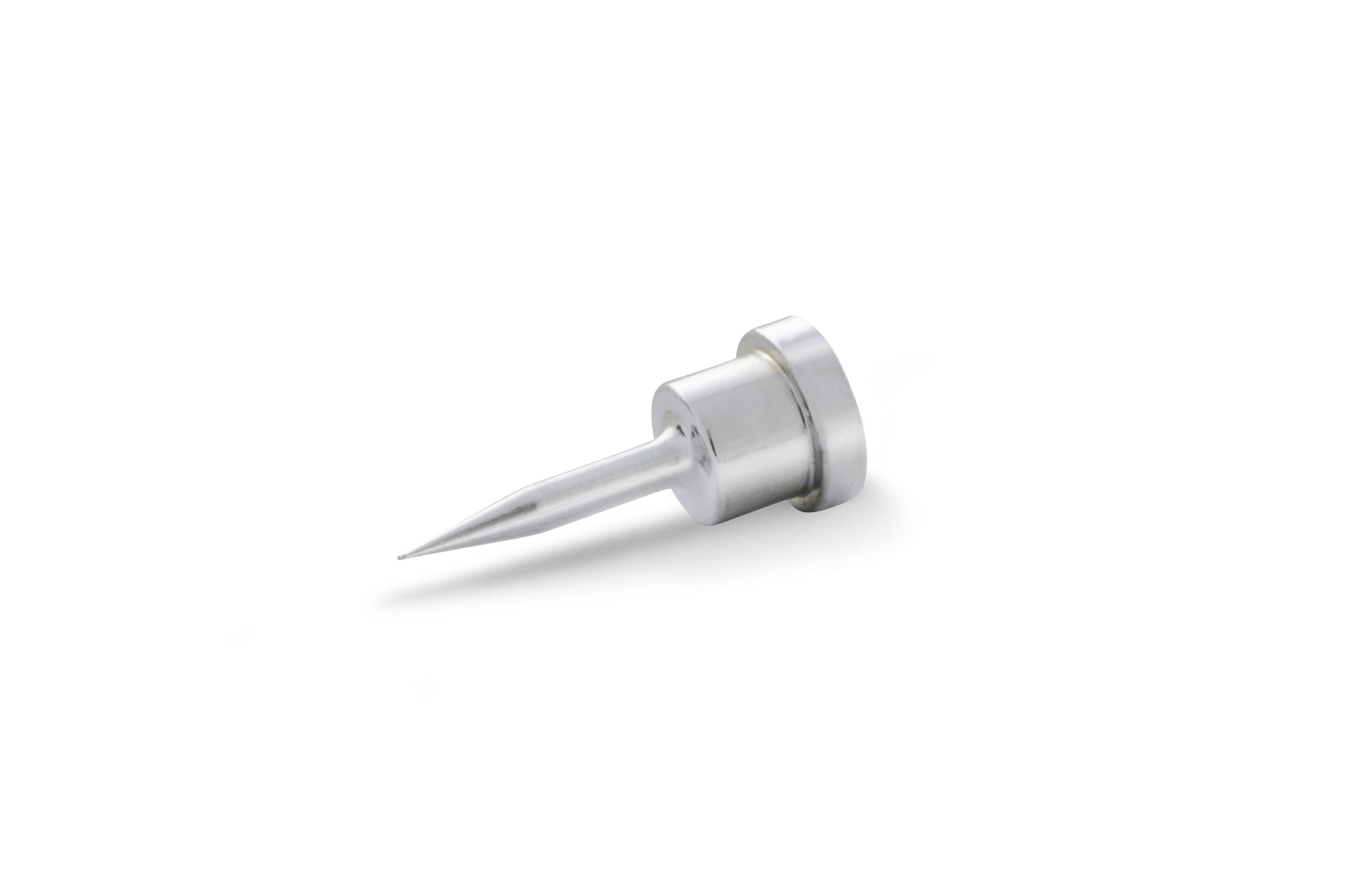 Silver push pin lying on a white background, shown in close-up.