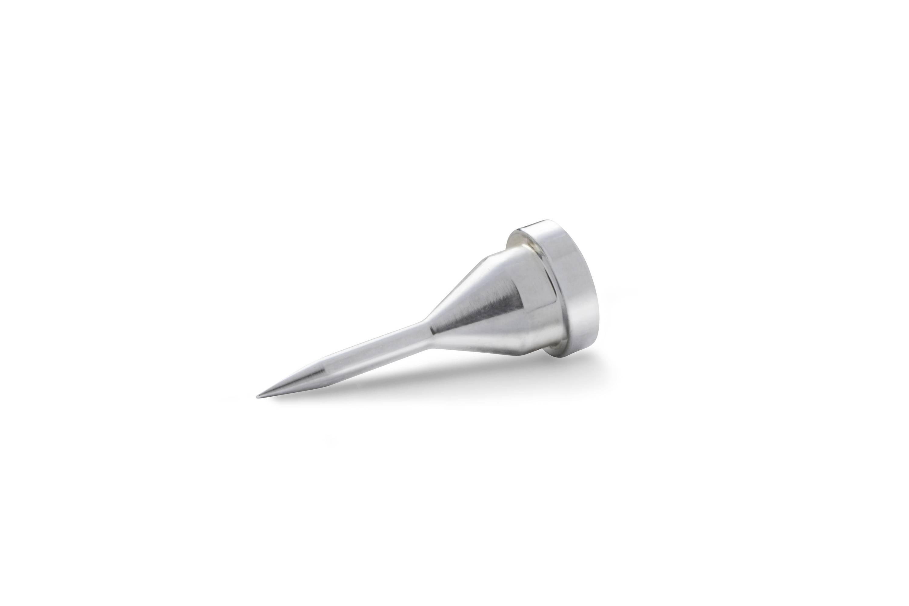 A silver metal ear cleaning tool with a pointed cone tip on a white background.