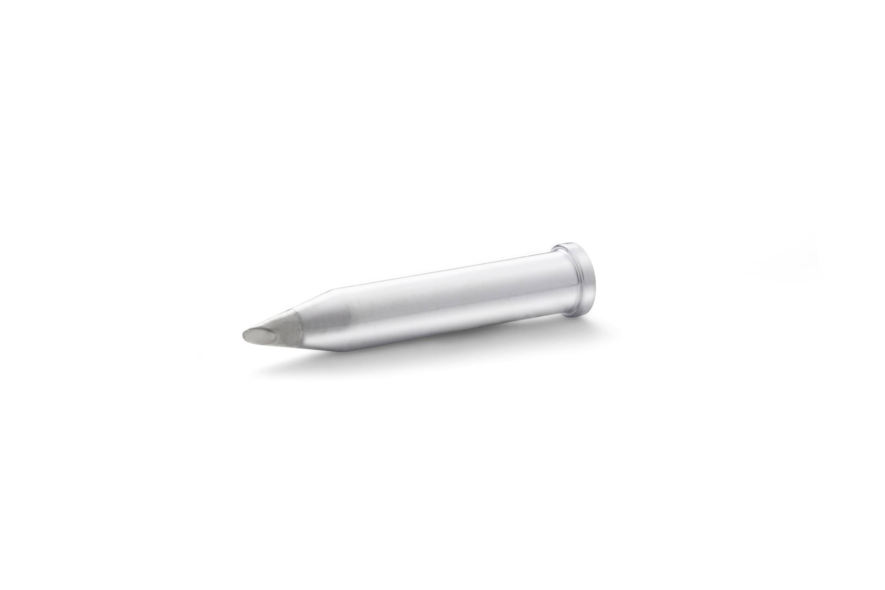 Silver bullet lying on a white background, shown in side view with a pointed tip and soft shadow.