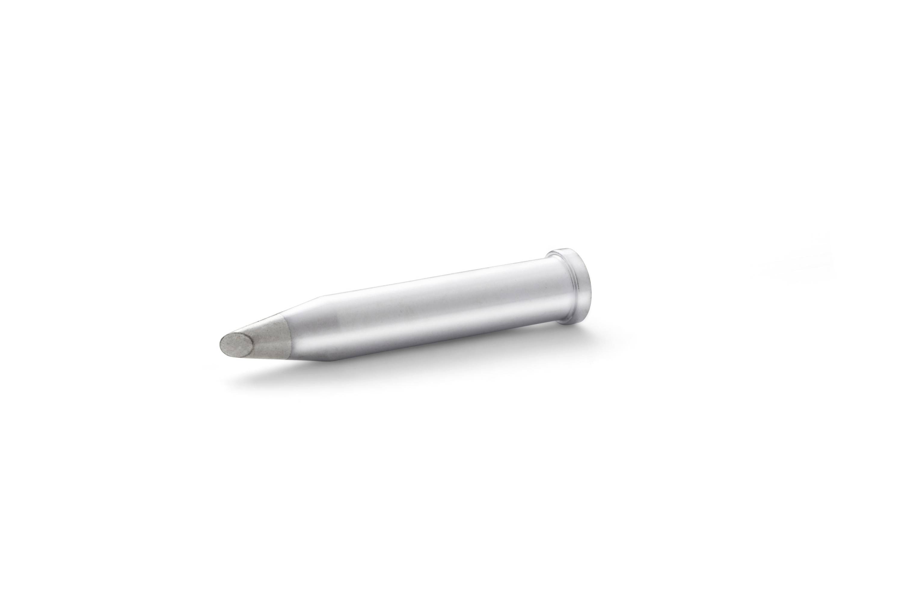 A silver stylus pen lying on a white background, shown at an angle with the tip pointing left.