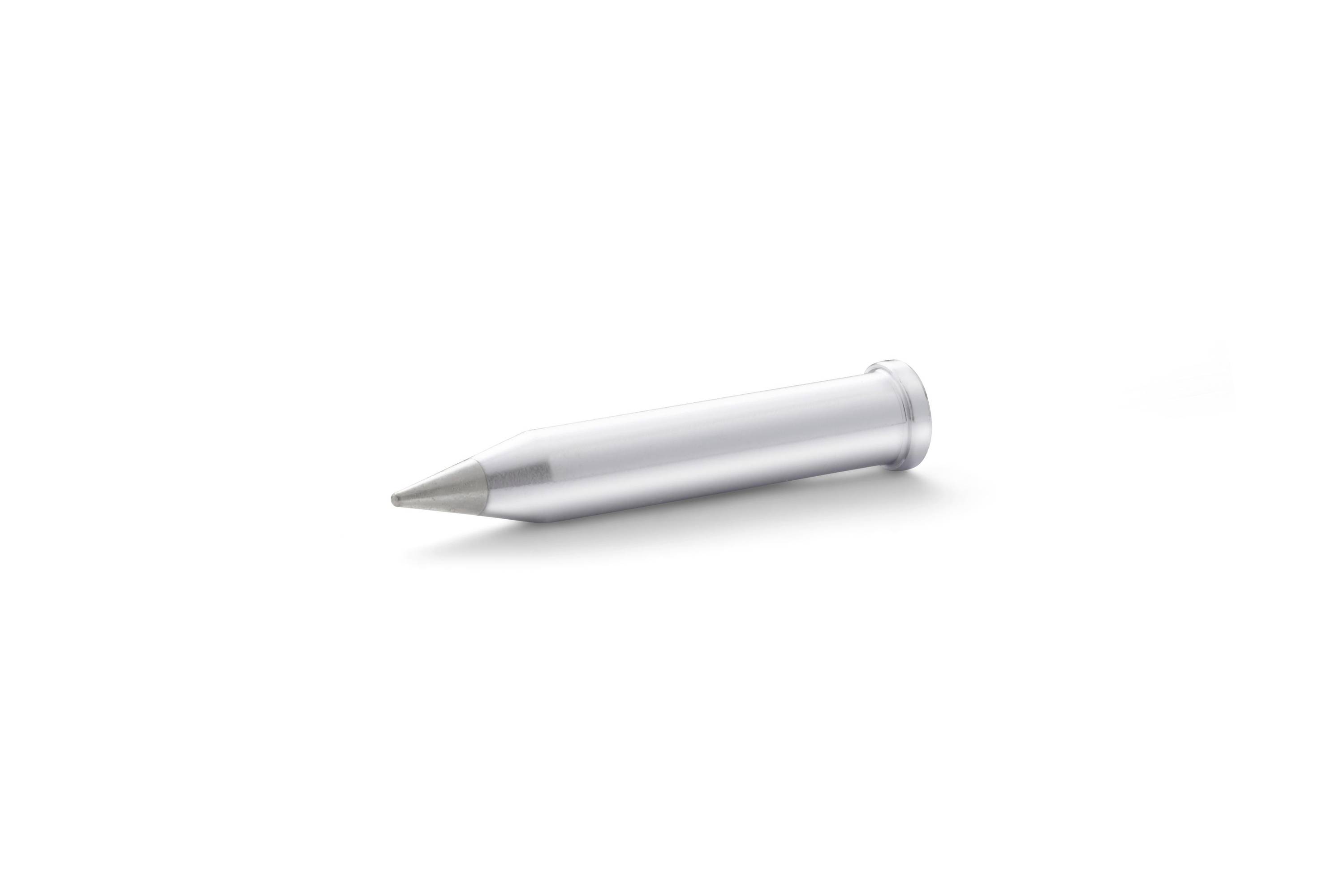 Silver bullet-shaped stylus or pen tip lying on a white background.
