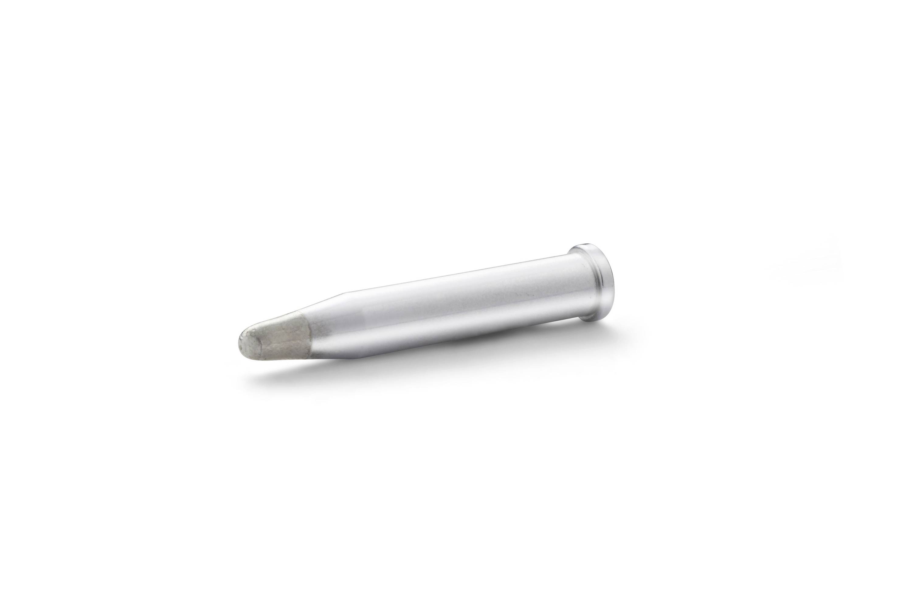 A single silver bullet lying on a white background.