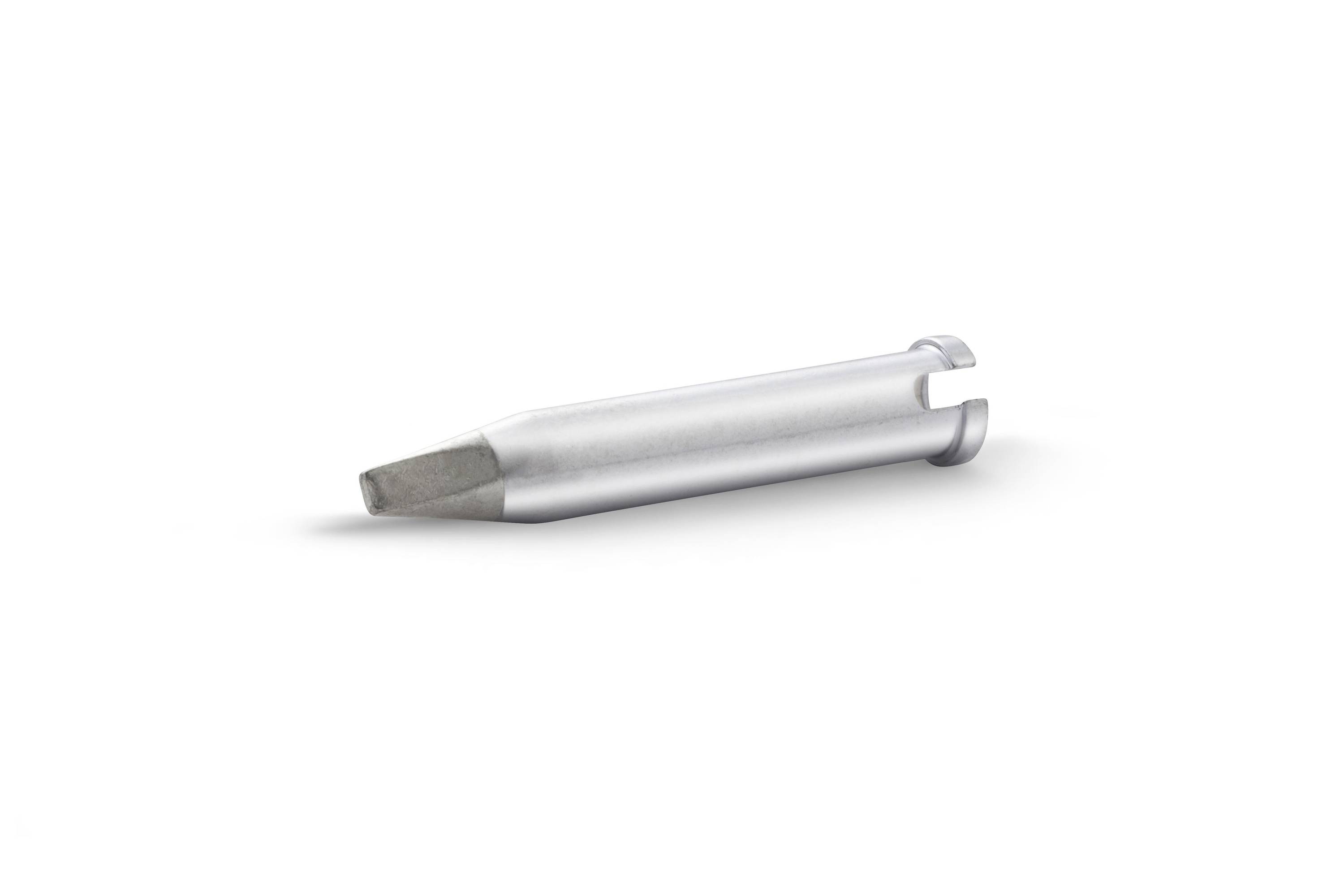 Silver metal punch tool with a pointed tip and slotted end, shown on a white background.
