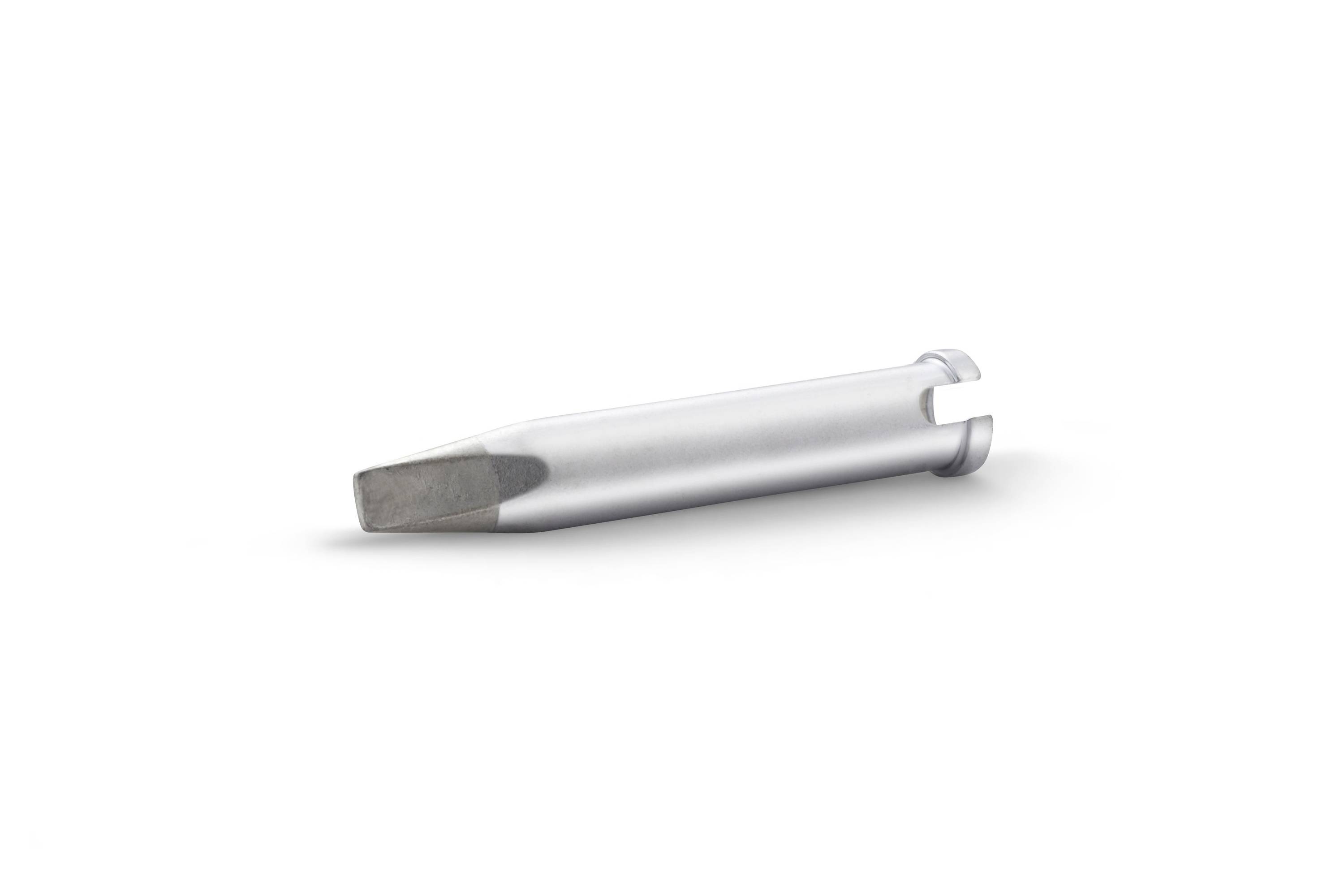 A close-up of a metallic screwdriver bit on a white background.