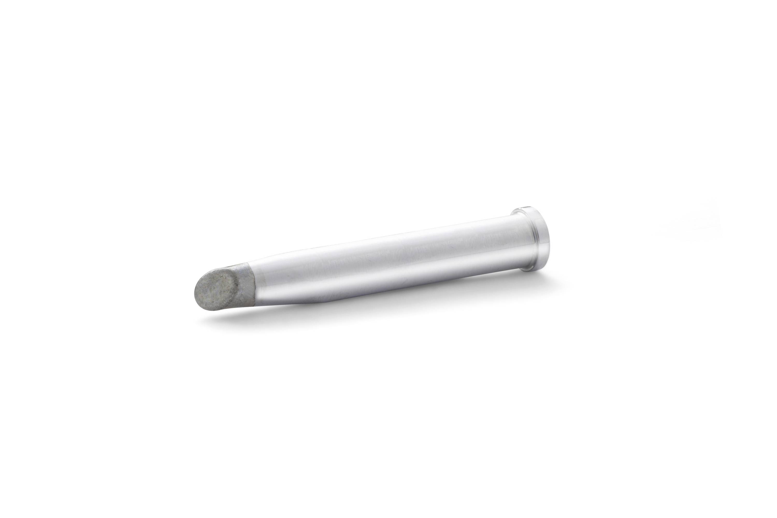 Silver cylindrical battery lying on a white background, shown in a simple product-style view.