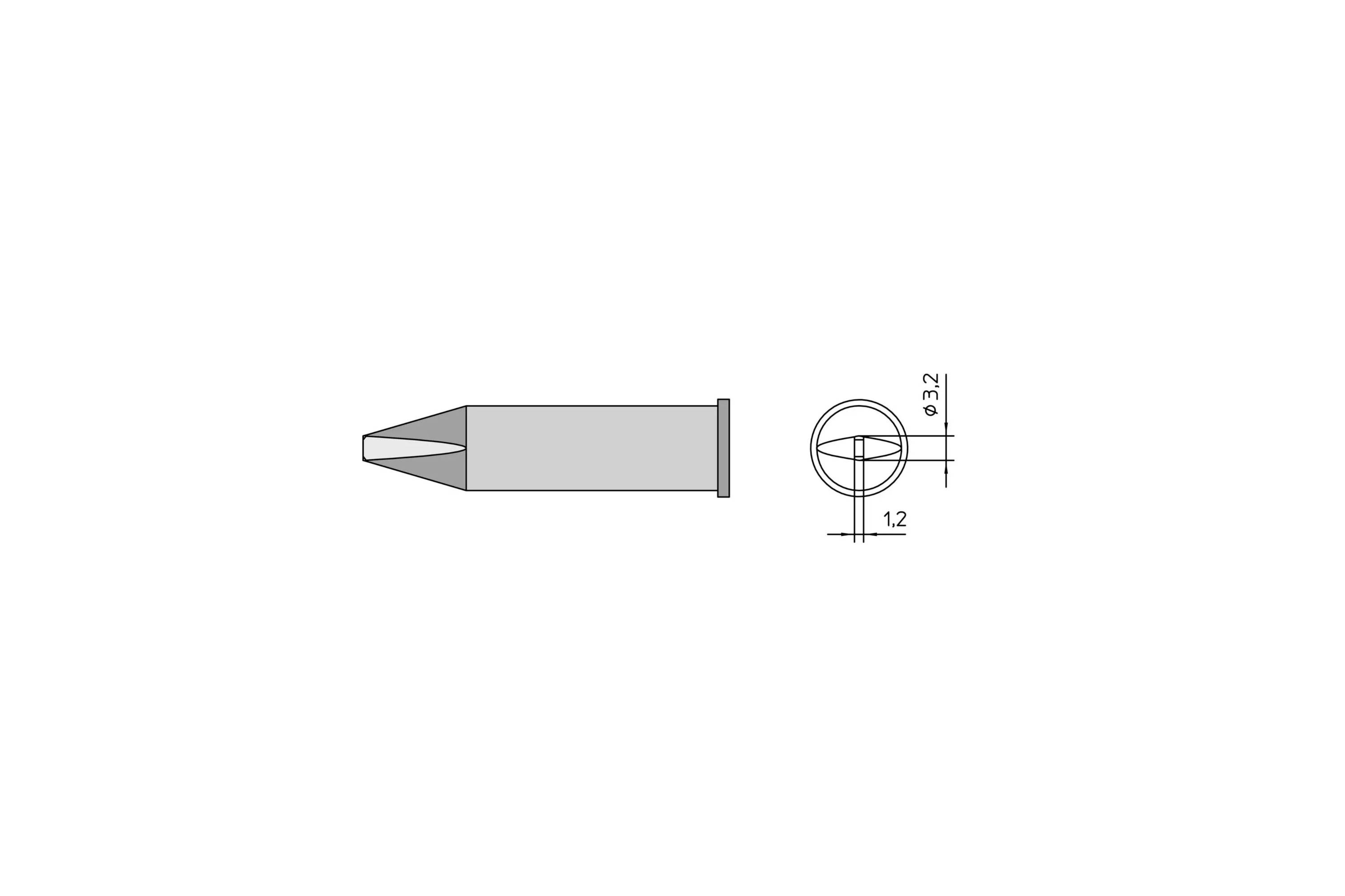 Technical drawing of a tapered cylindrical part with a flat end, shown in side and end views, labeled 3.2 and 1.2.