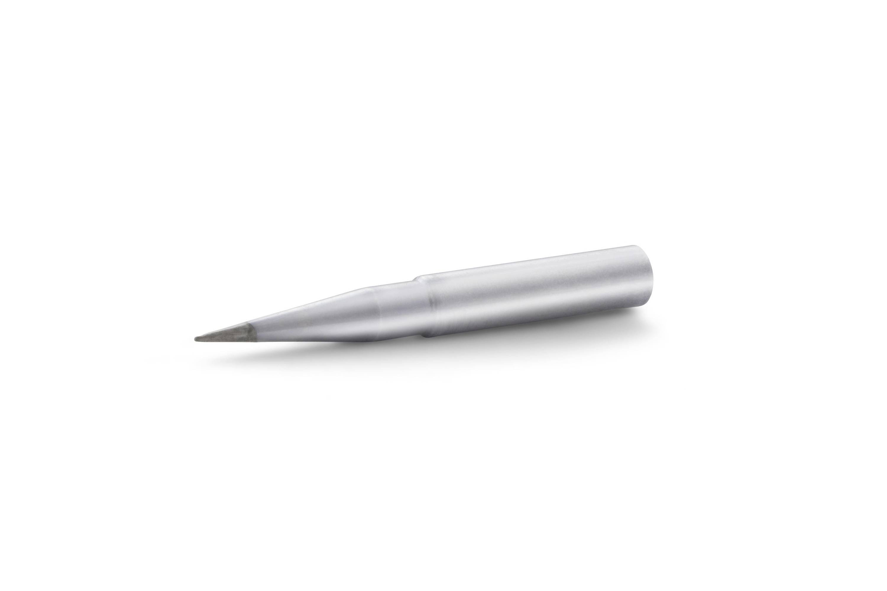 Silver metal drill bit or tapered tool isolated on a white background, lying horizontally with pointed tip to the left.