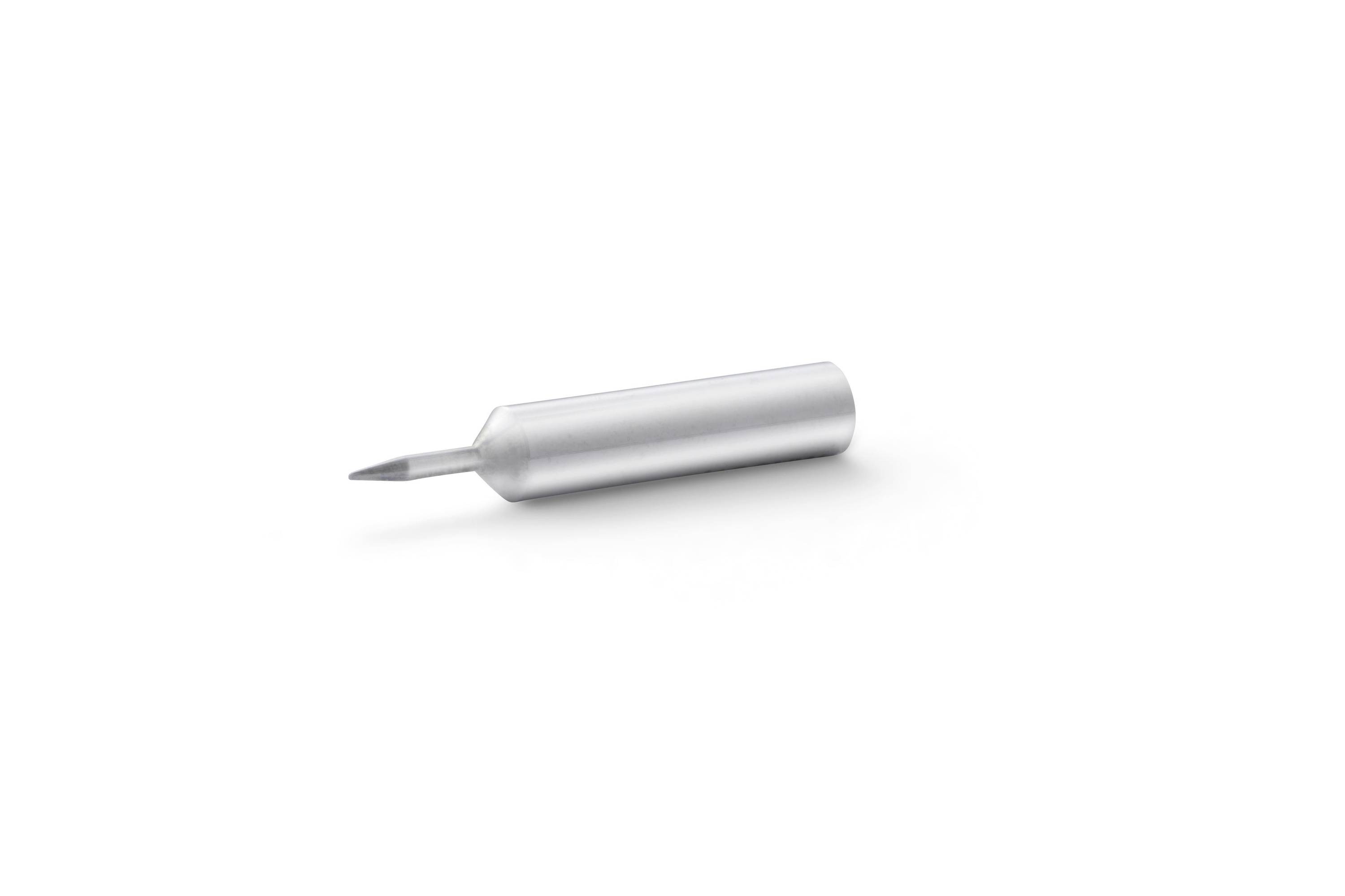 A silver metal pen nib tip on a white background, shown in close-up.