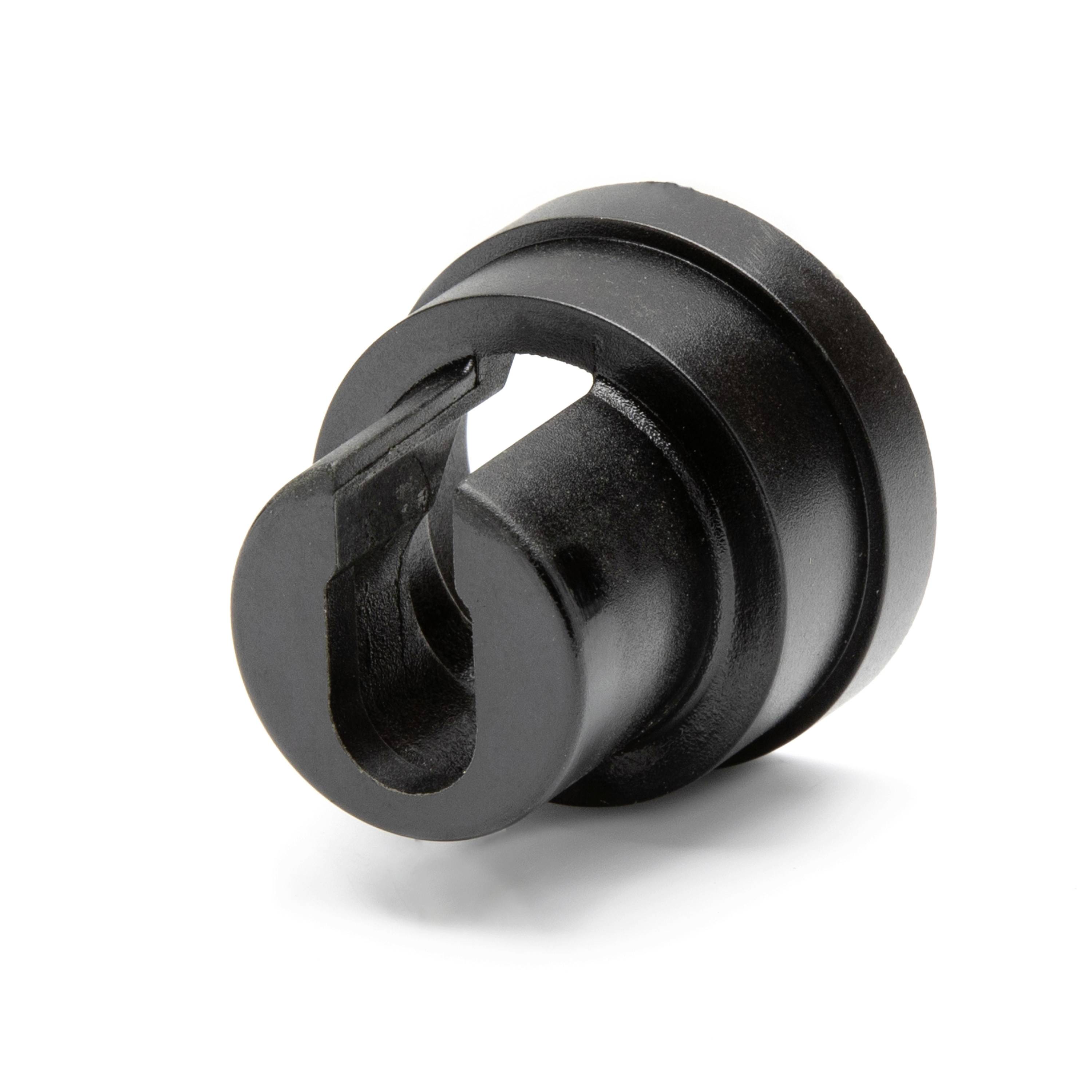 Black cylindrical rubber grommet or cable plug with a slit opening, shown on a white background.