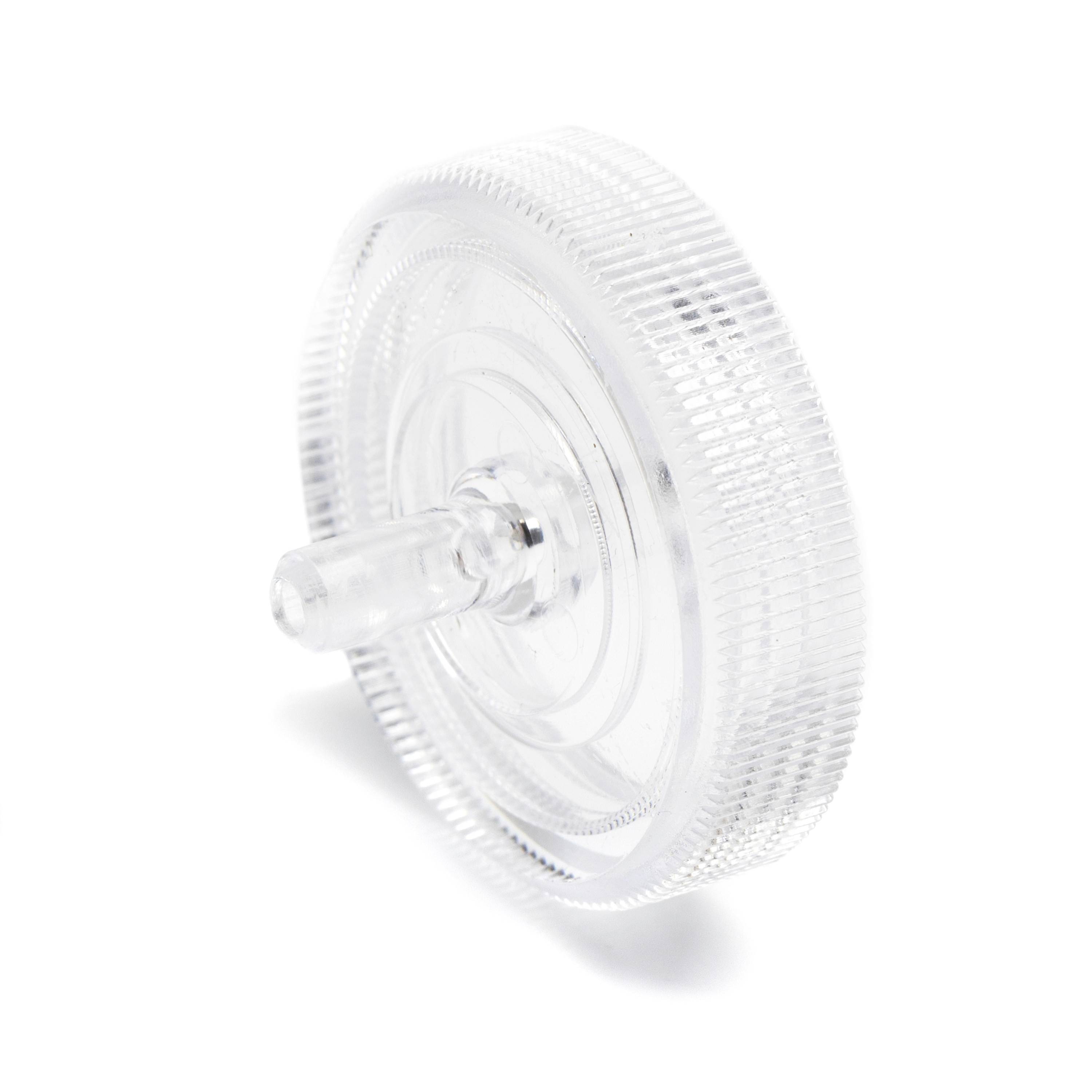 Clear plastic wheel or knob with a short central shaft, isolated on a white background.