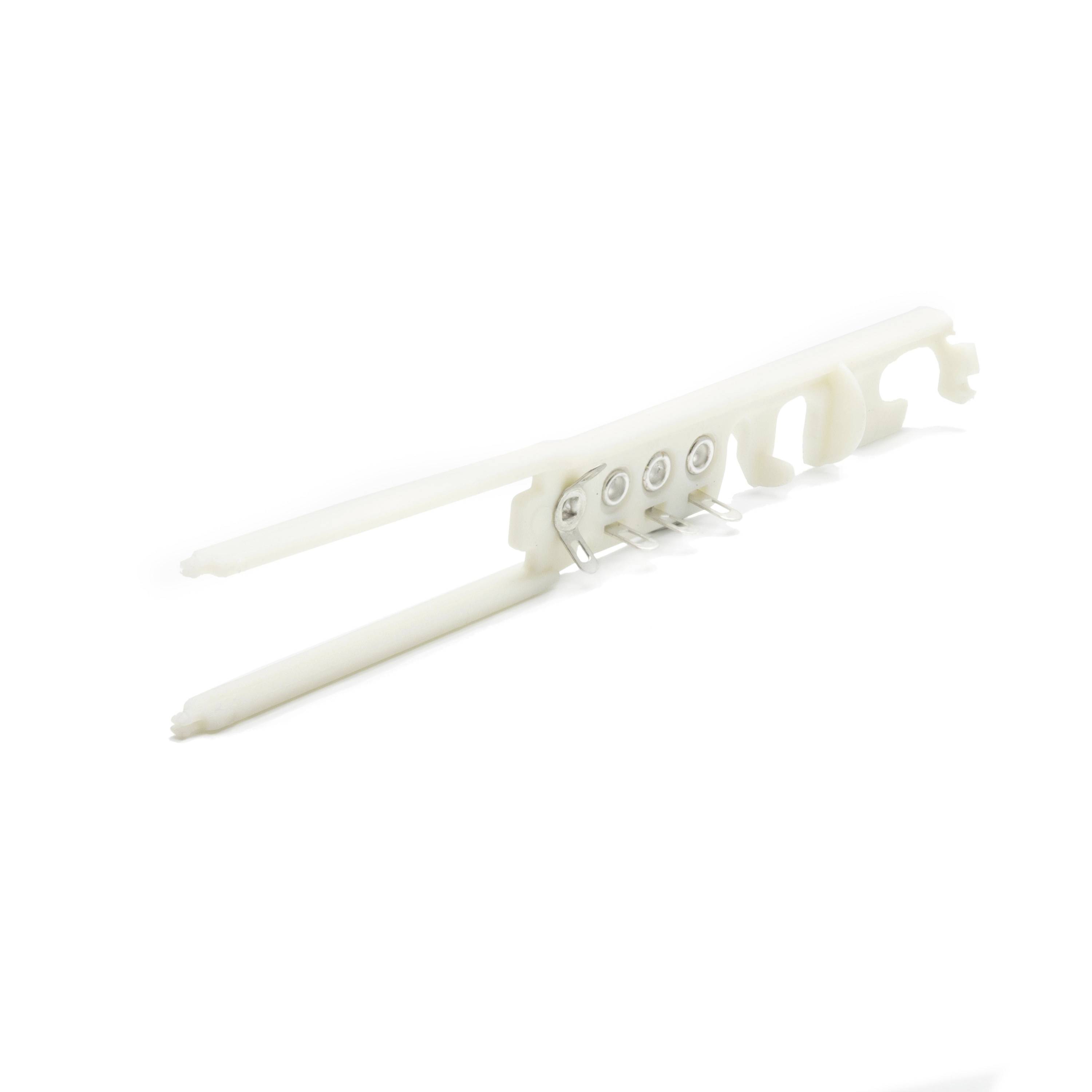 White plastic curtain or blind clip with two long prongs and a small metal spring attachment, isolated on a white background.