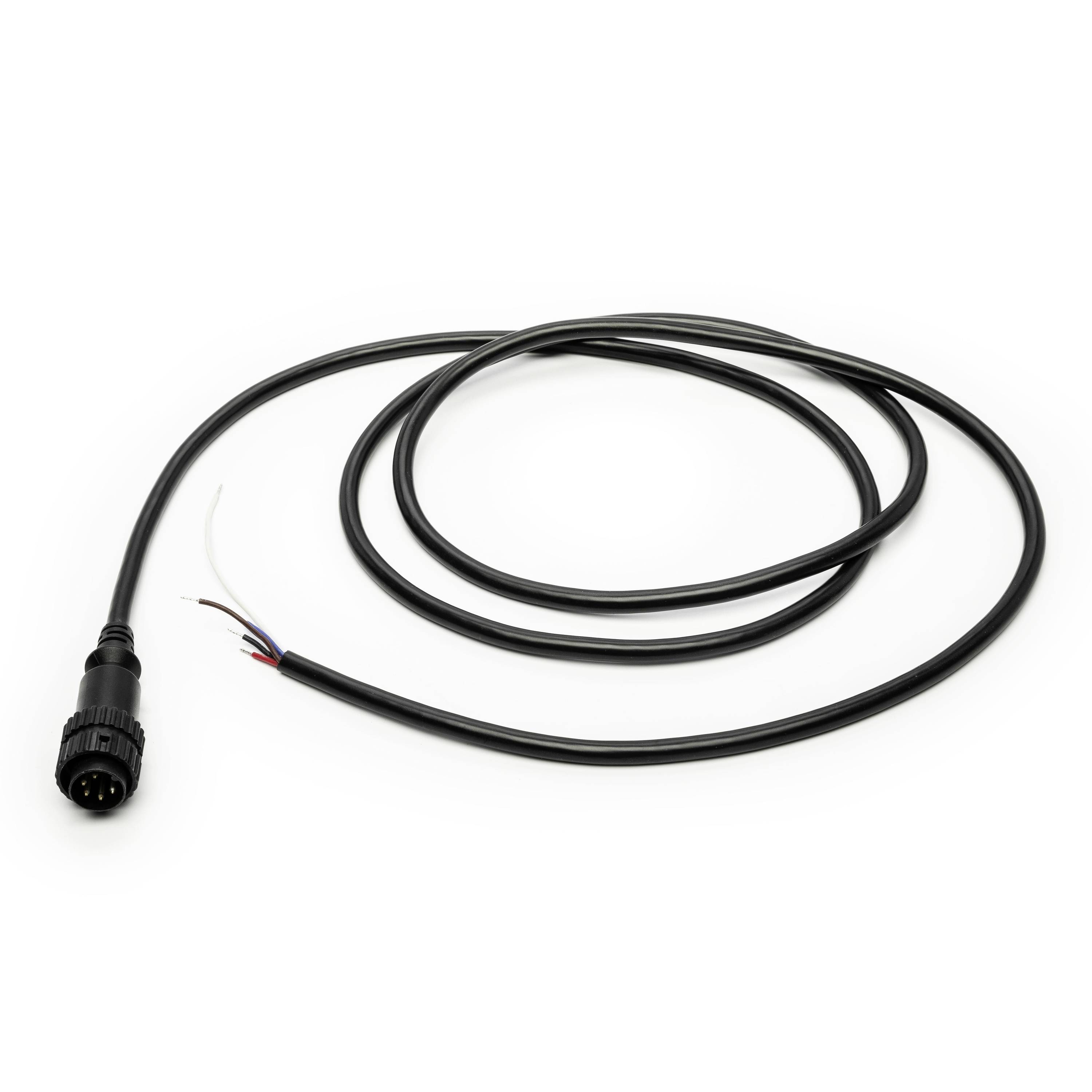 Black cable with a round multi-pin connector and exposed stripped wires at the other end, shown coiled on a white background.