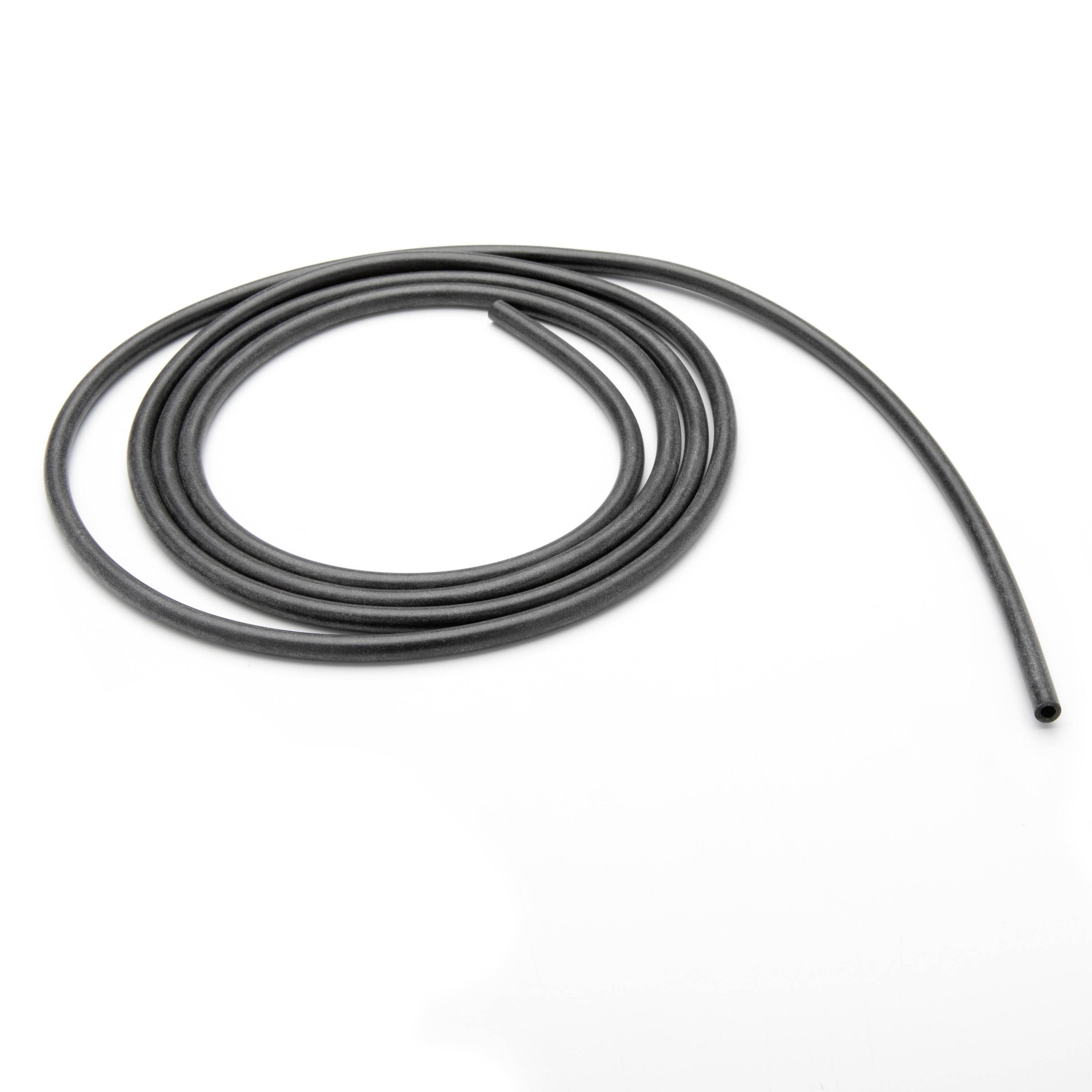 Coiled black rubber hose or tubing on a white background, with one end extending outward.