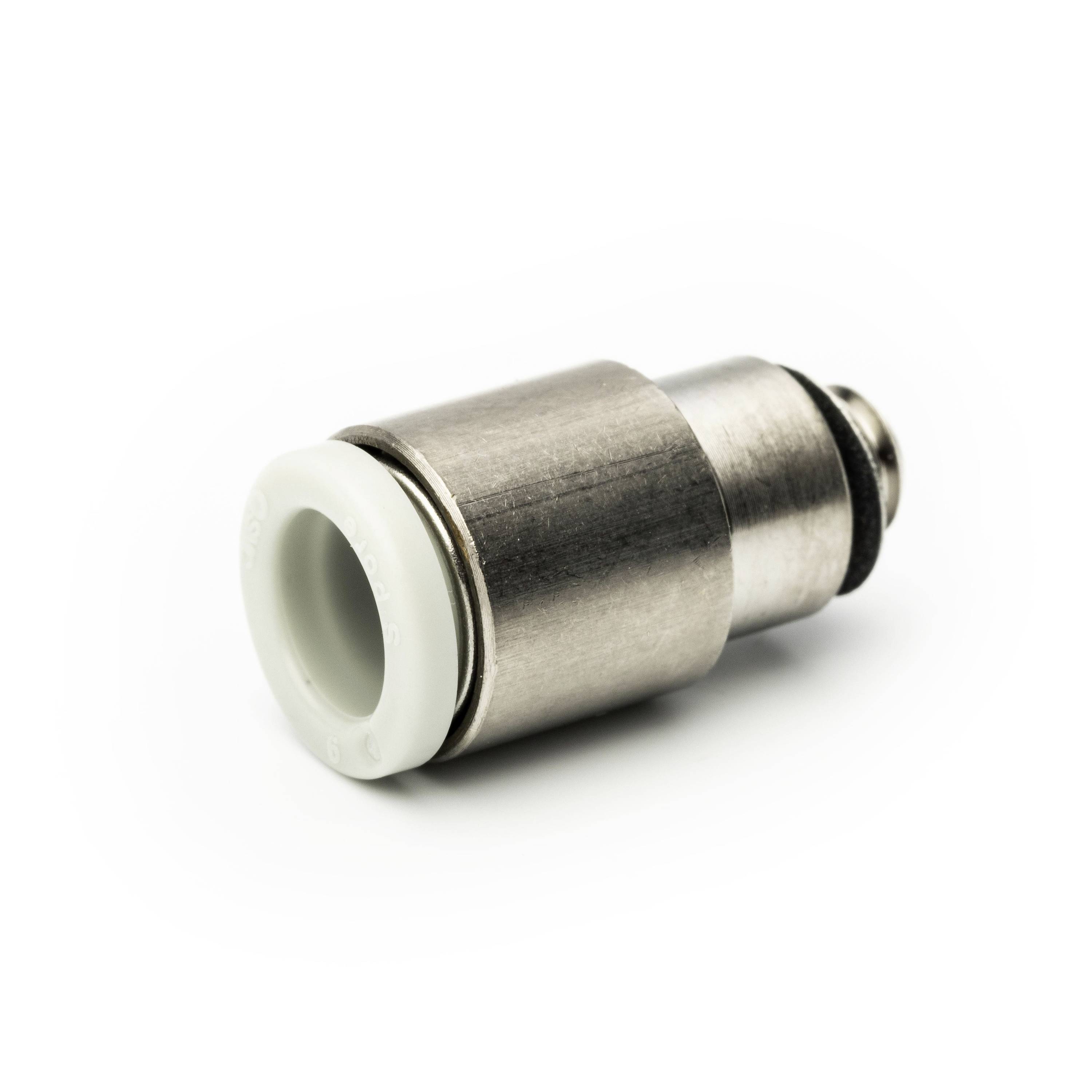Close-up of a small metal pneumatic fitting with a white plastic collar, shown isolated on a white background.