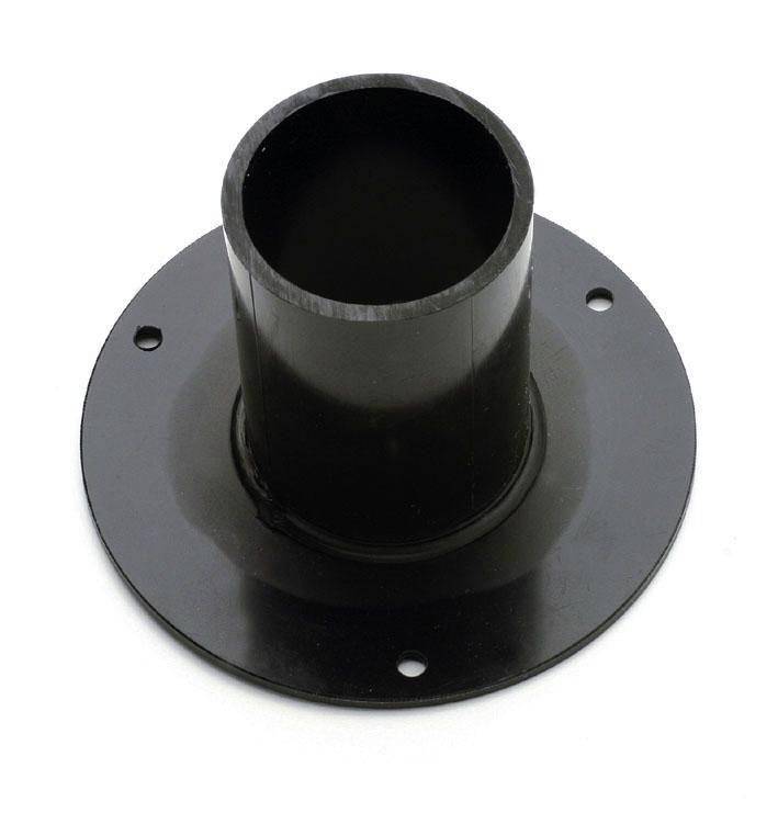 Black metal pipe flange with a vertical cylindrical tube and three mounting holes on a white background.
