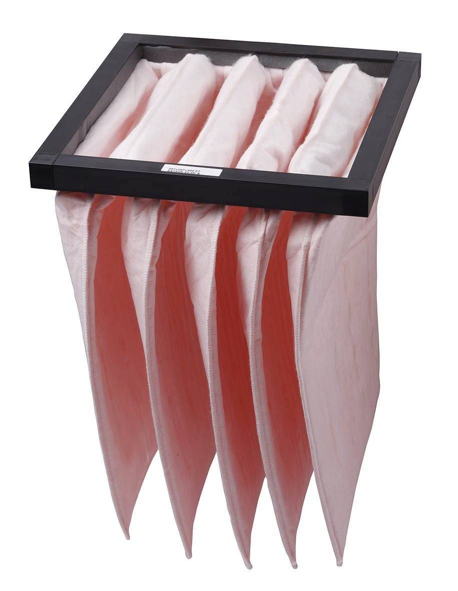 Hanging six-slot filter bag organizer with pink mesh bags, shown on a white background.