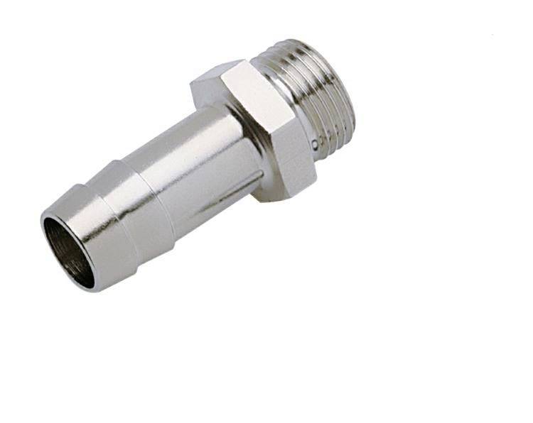 Chrome metal hose fitting with threaded male end and smooth tapered connector on a white background.