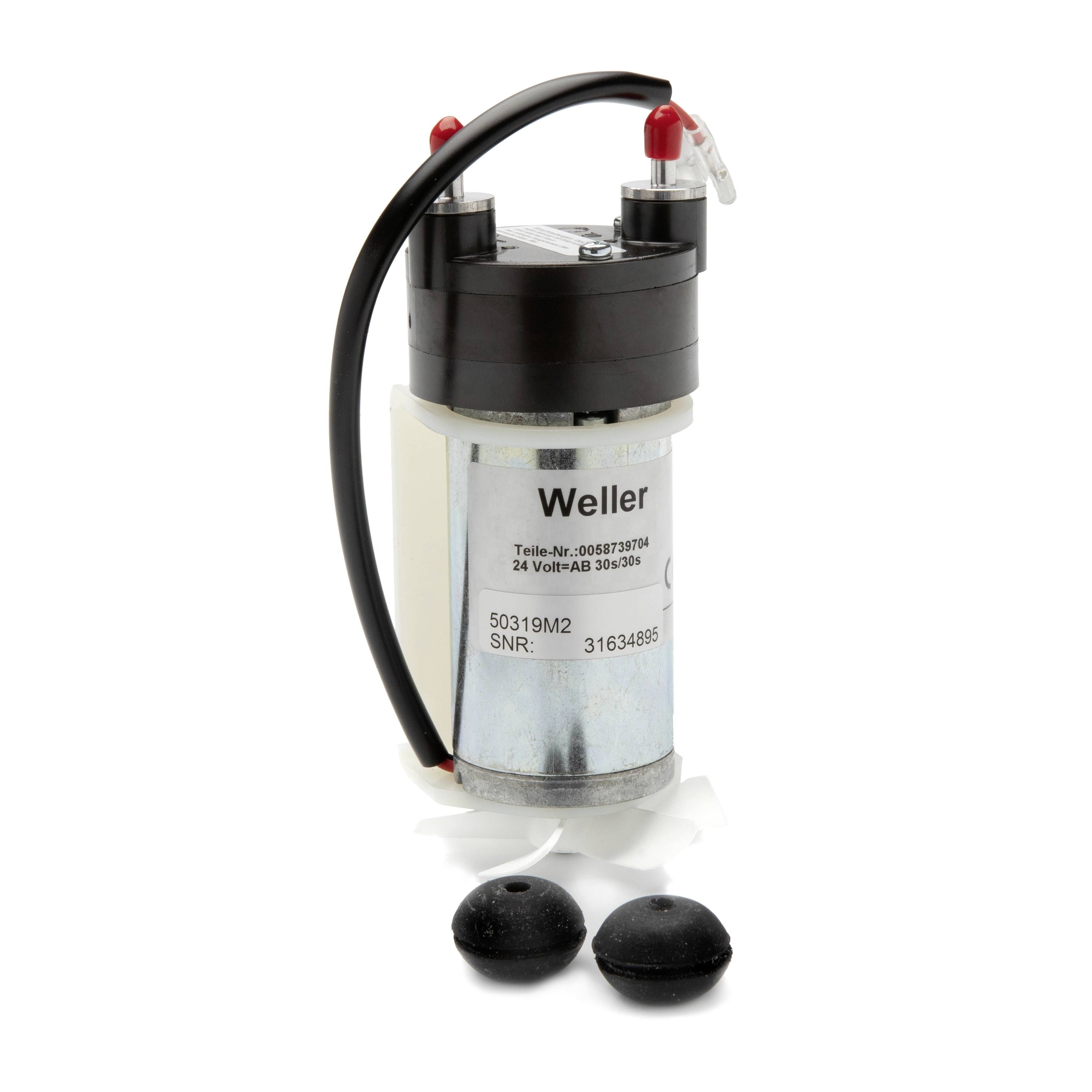 A Weller cylindrical pump or motor component with attached black hose and red terminals, shown with two small black rubber caps on a white background.