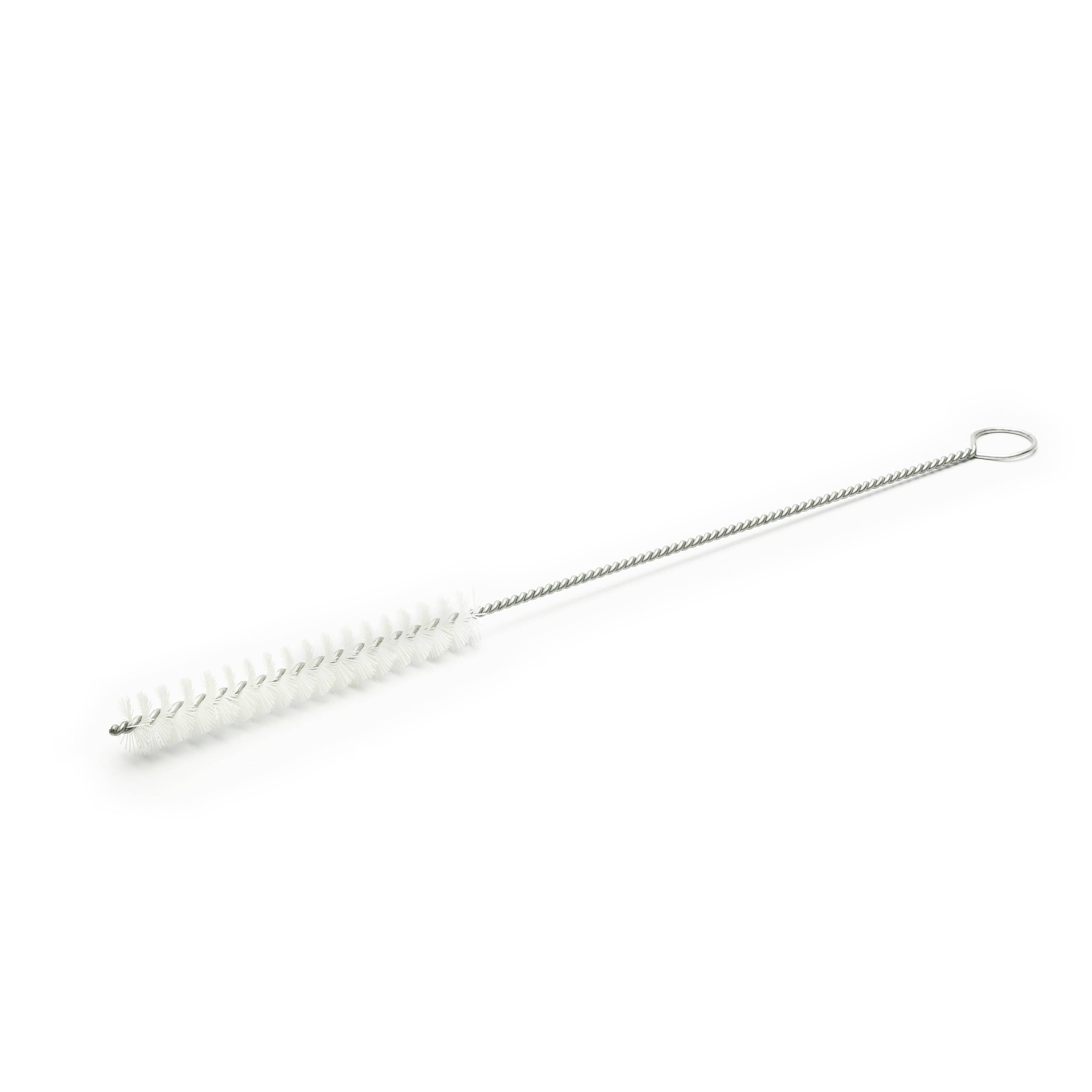 Long skinny bottle-cleaning brush with white bristles and a metal loop handle on a white background