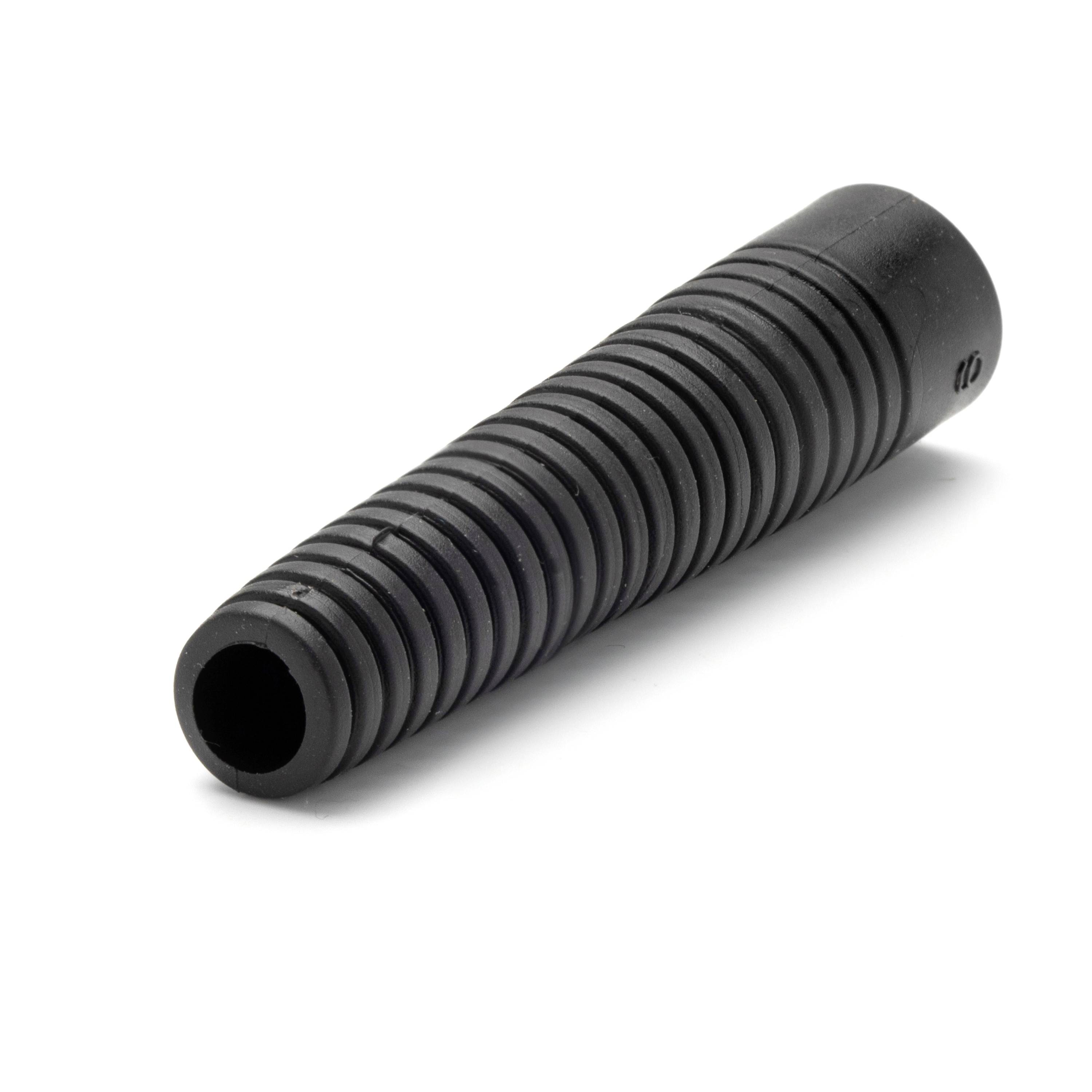 Black ribbed rubber hose connector with a hollow opening, shown on a white background.