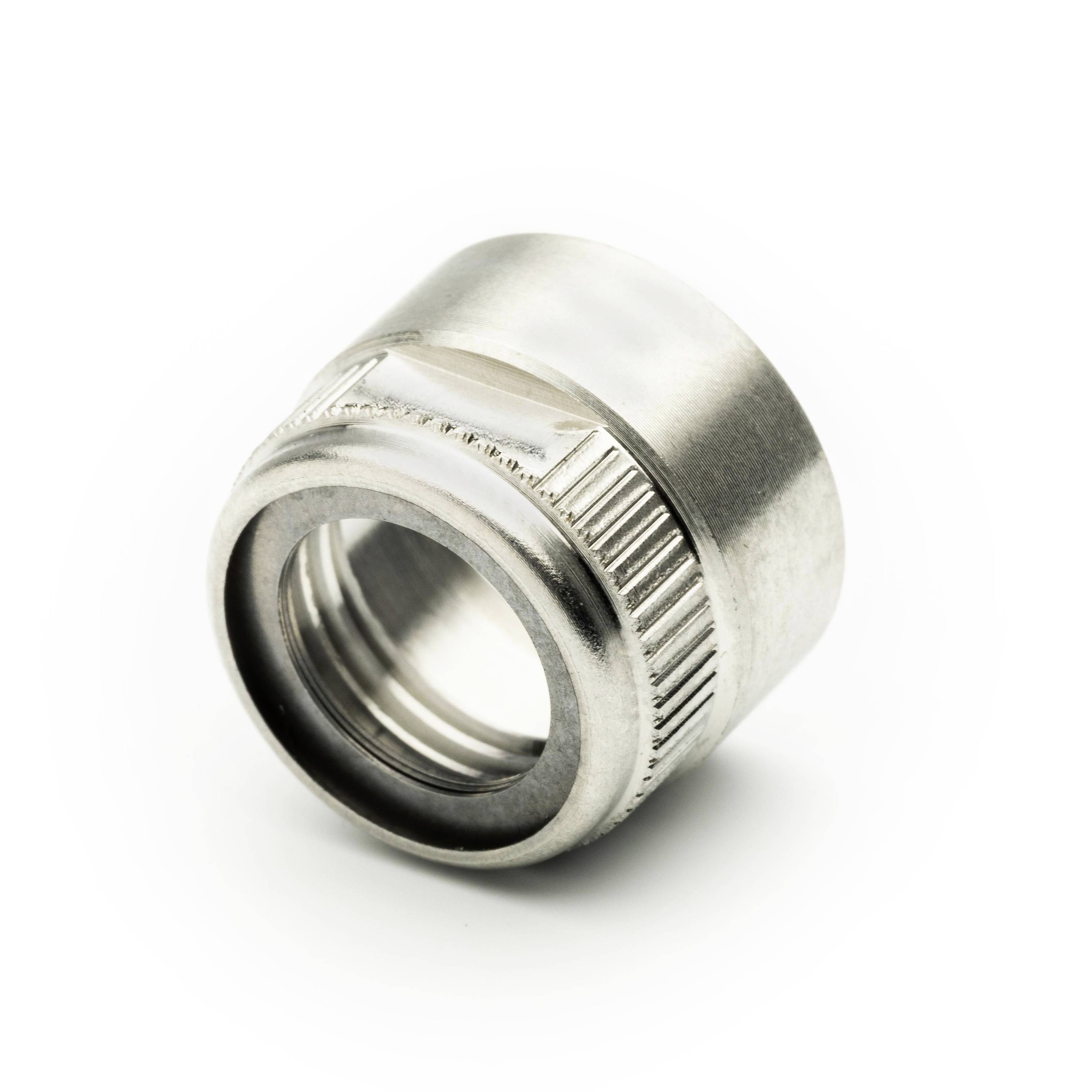 Close-up of a metal threaded cap or coupling fitting on a white background.