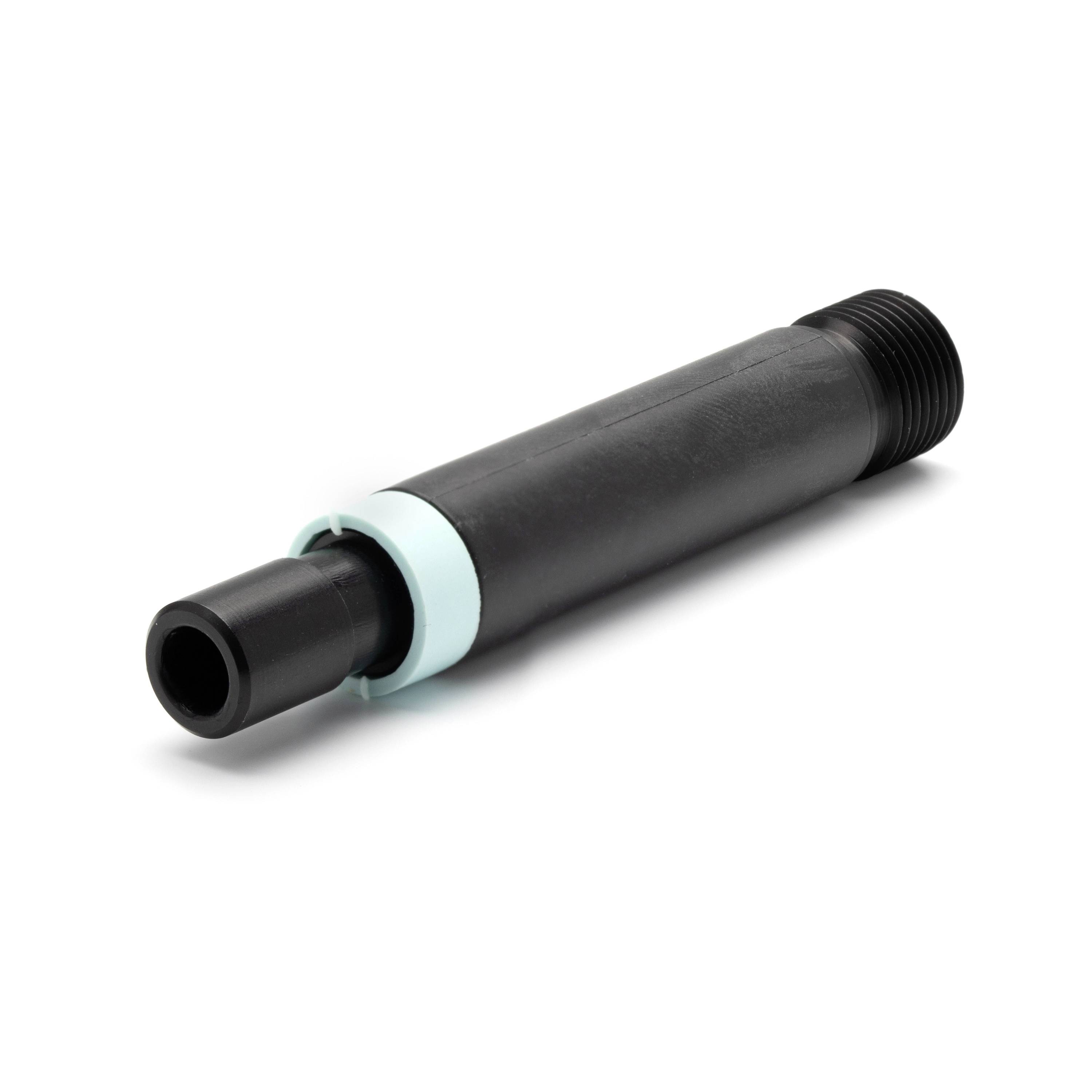 Black cylindrical connector fitting with threaded end and light blue ring on a white background.