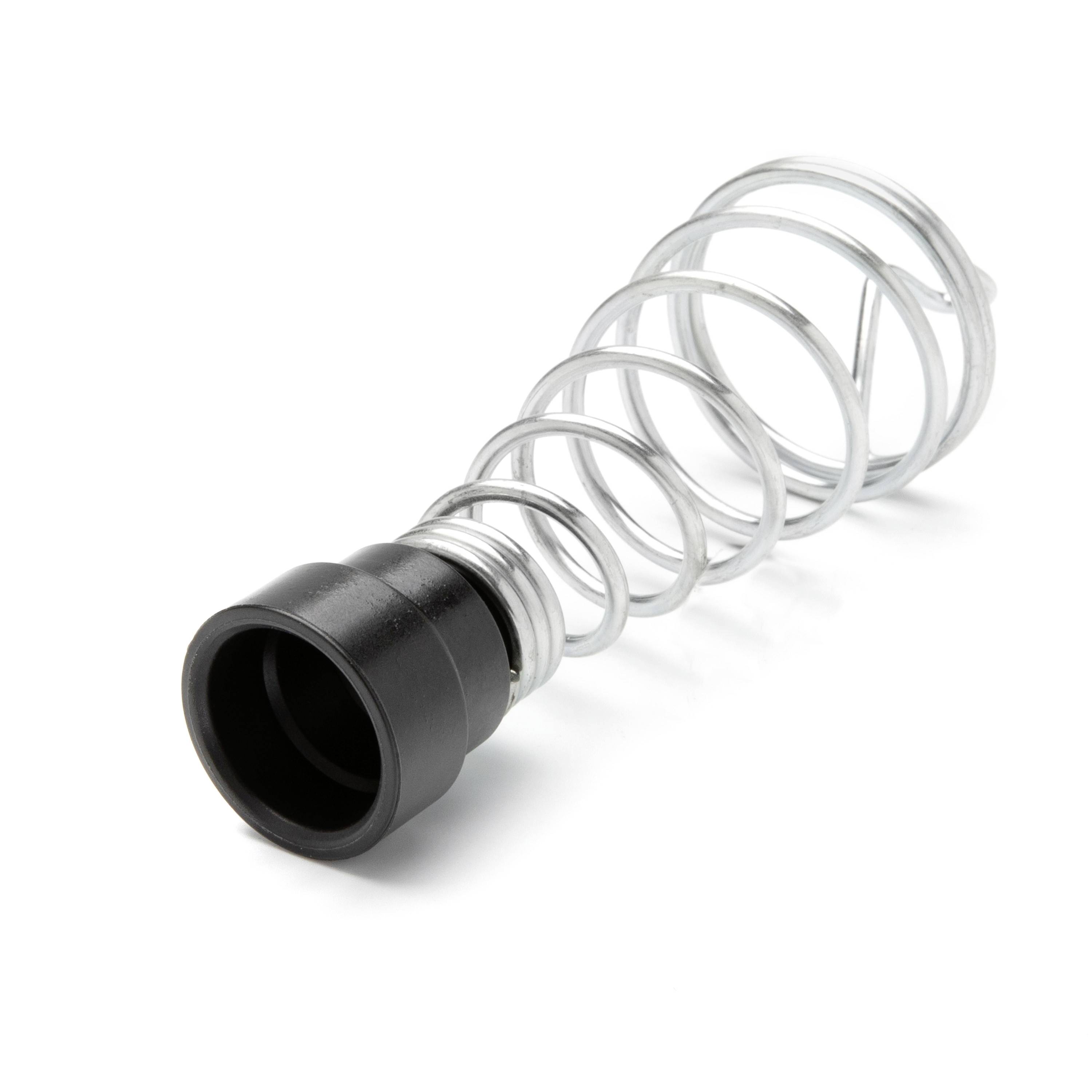 Metal coil spring with black plastic cap or connector, isolated on a white background.