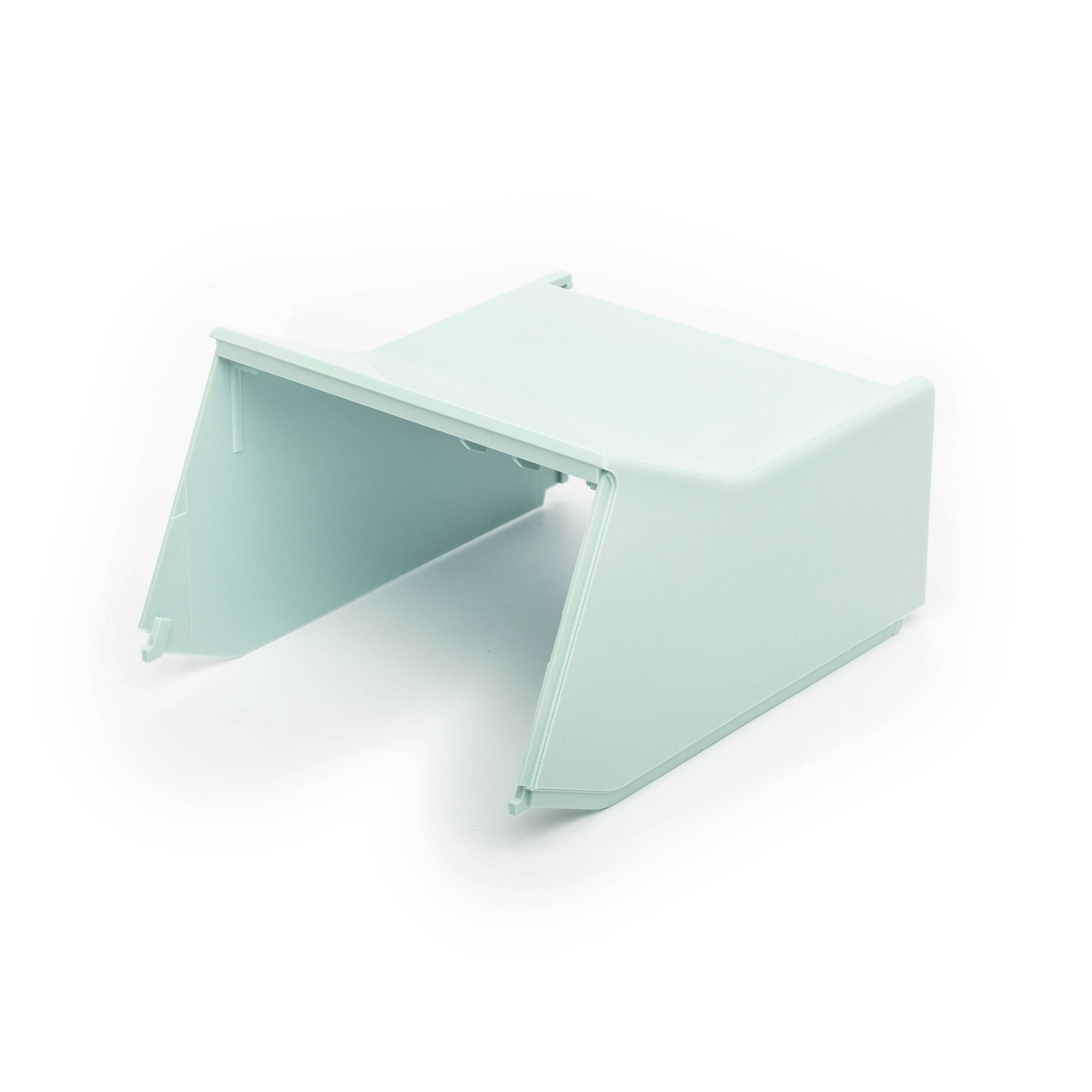 Mint green plastic cover or stand with an open front on a white background.