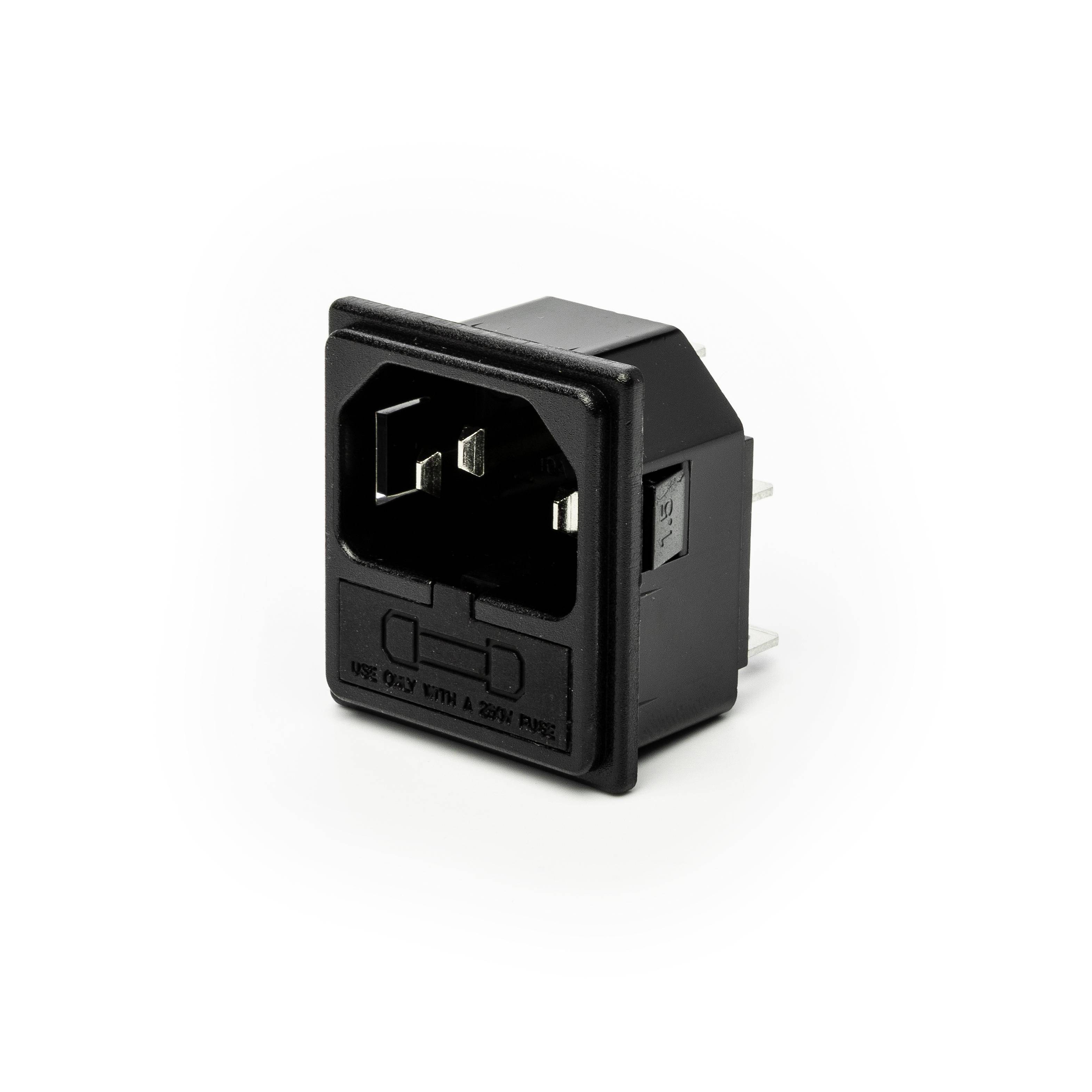 Black IEC power inlet socket panel mount connector with three metal prongs and on/off switch slot.