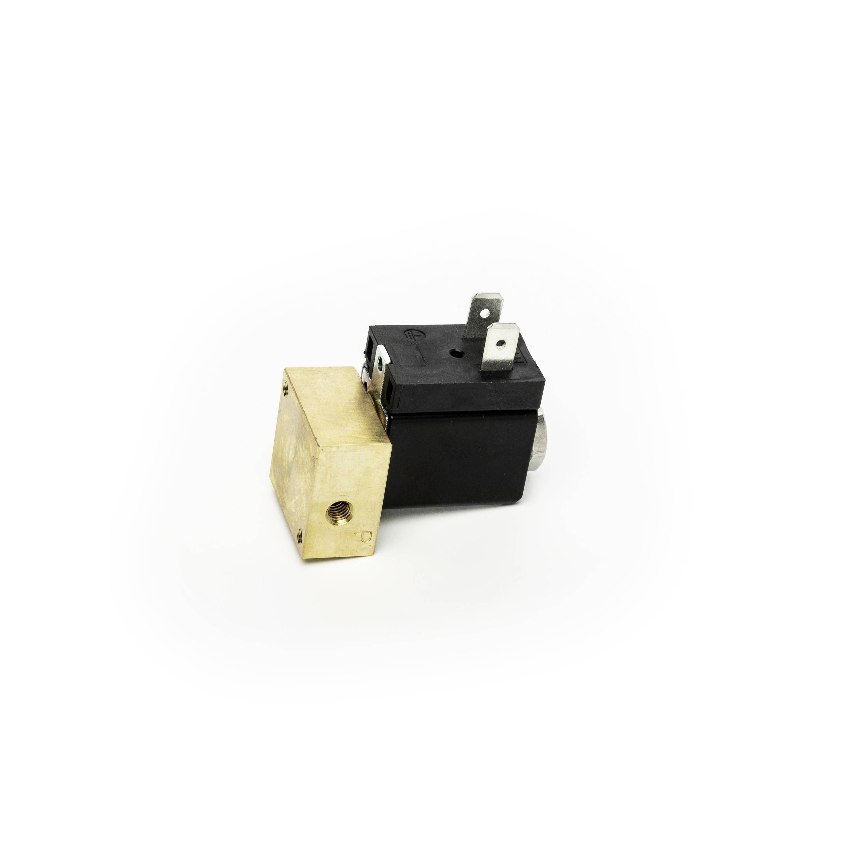 Small black electrical relay or solenoid with brass mounting block on a white background.