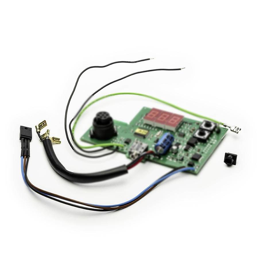 Small electronic circuit board with a red 3-digit LED display, buttons, a buzzer, and attached wires/connectors on a white background.