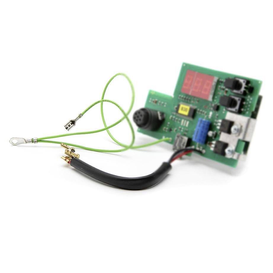 Electronic control circuit board with digital display, connectors, and attached green and black wires on a white background.