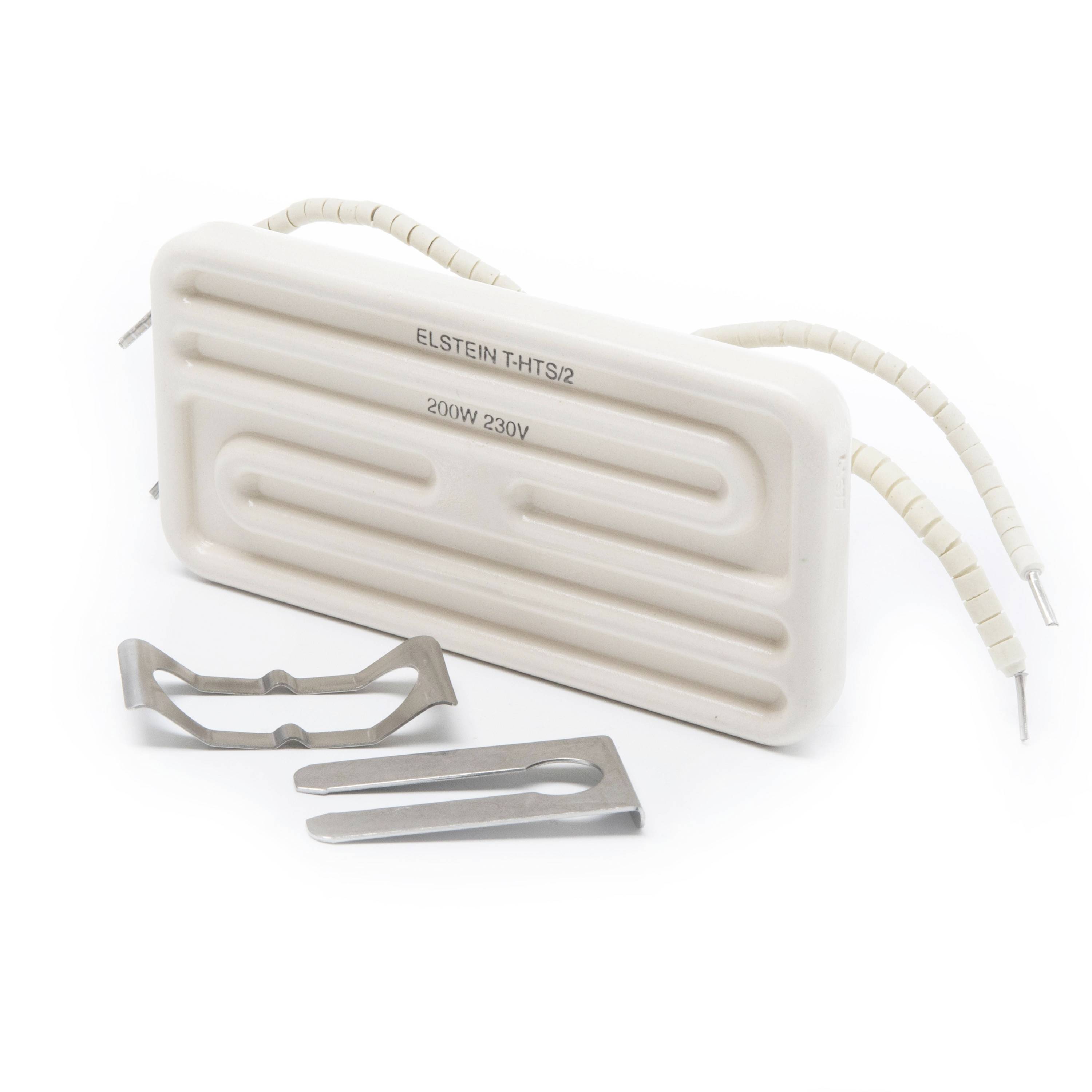 Ceramic heating element labeled 'ELSTEIN T-HT-S/2 200W 230V' with two metal mounting clips on a white background.