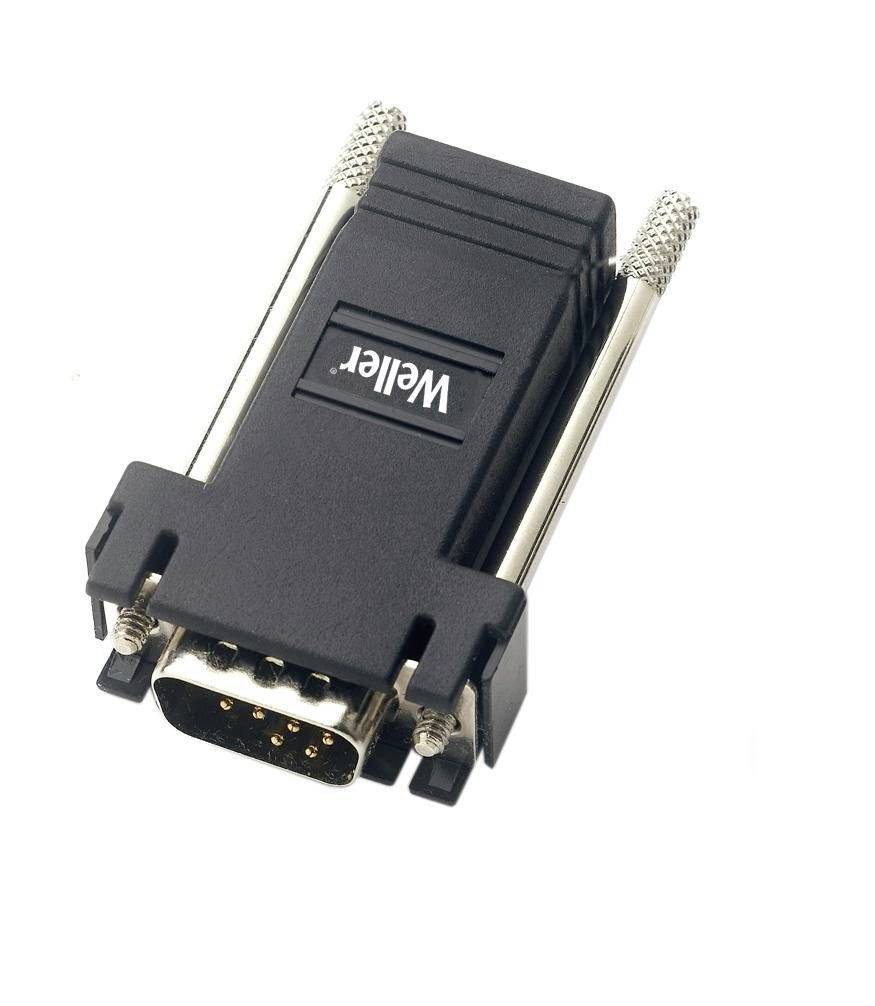 Black D-sub serial connector adapter with two metal thumbscrews on a white background.