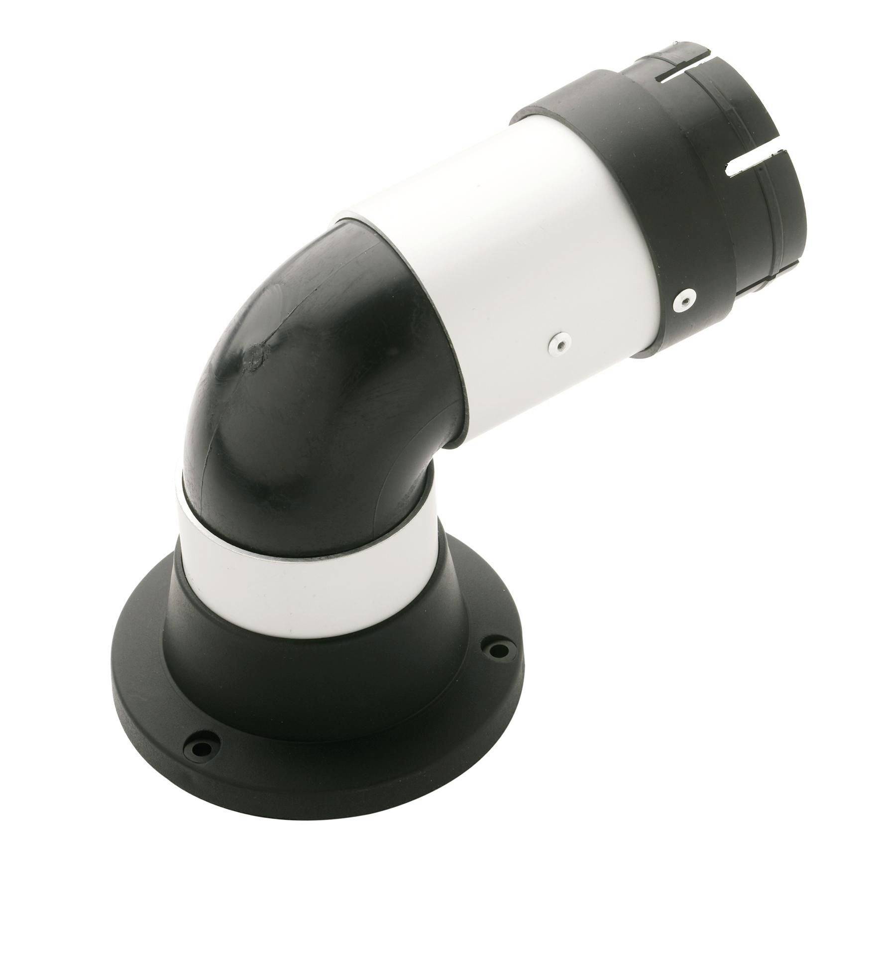 Black and white plastic 90-degree elbow pipe fitting on a round base, isolated on a white background.